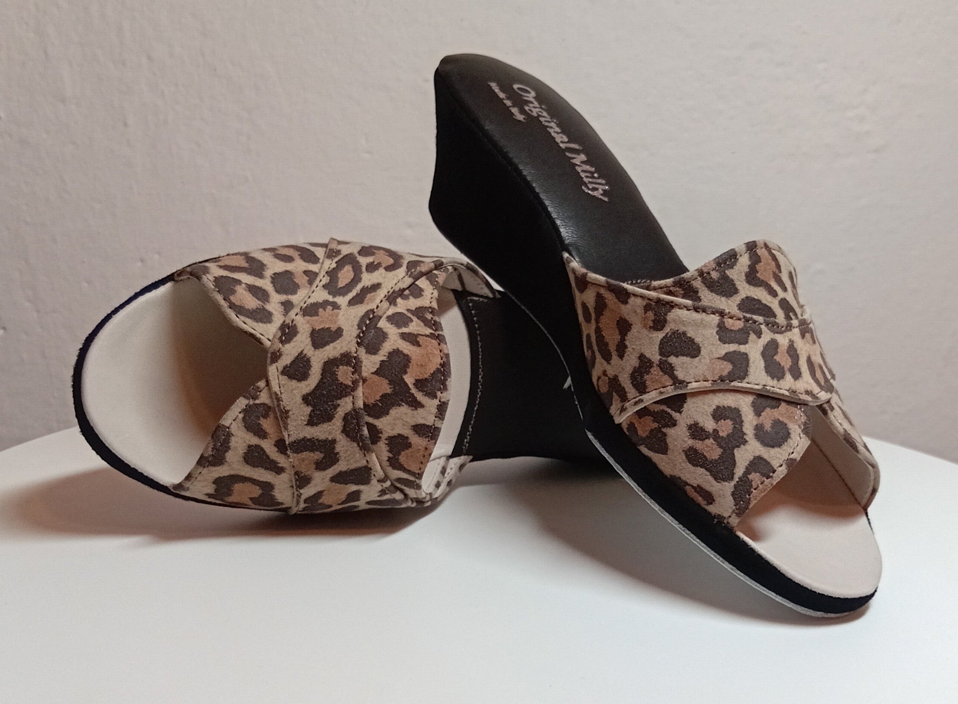 0403 Camoscio Leopardo Suola Bufalo Ciabatte da camera Donna Original Milly Made in Italy