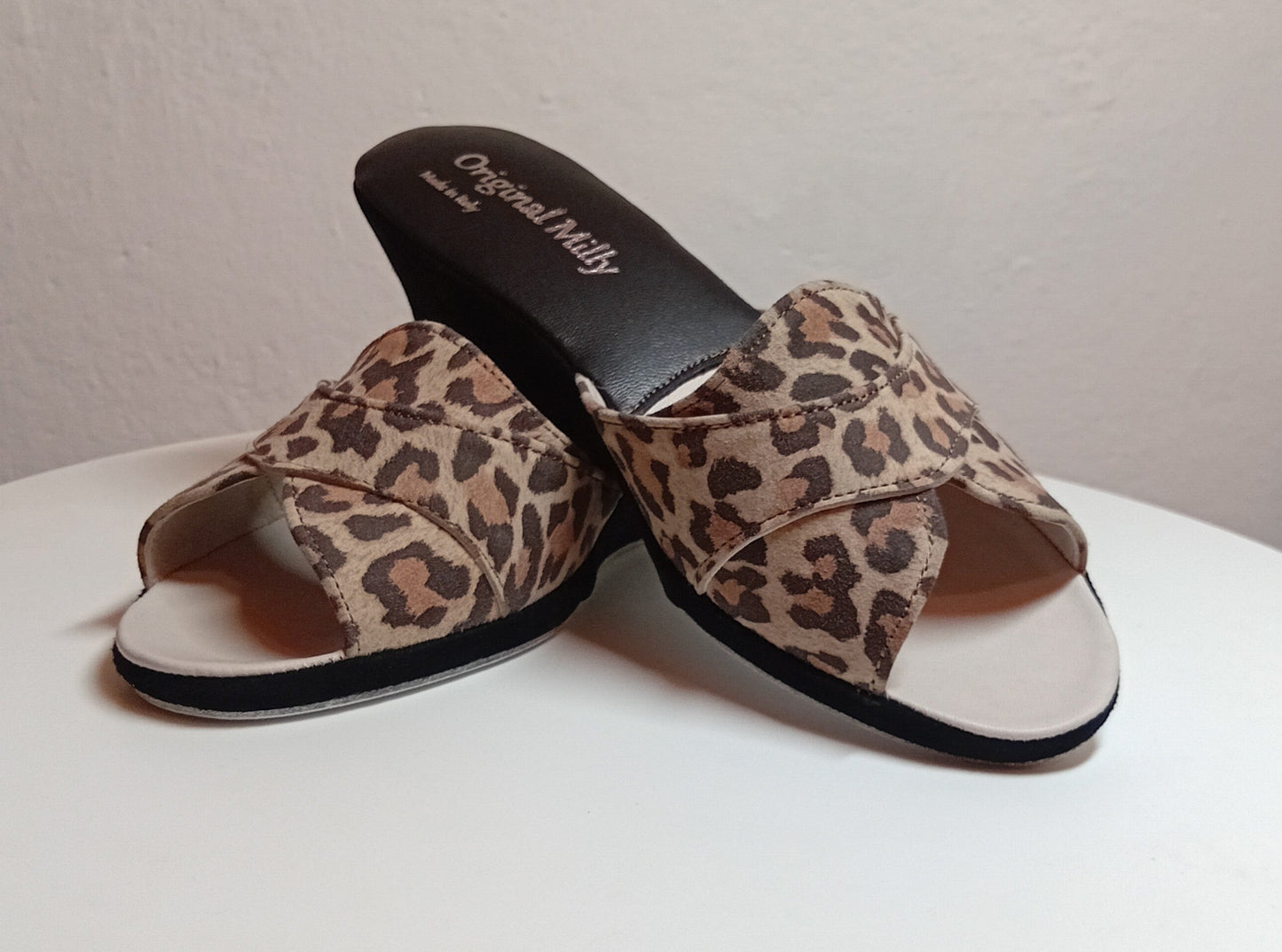 0403 Camoscio Leopardo Suola Bufalo Ciabatte da camera Donna Original Milly Made in Italy