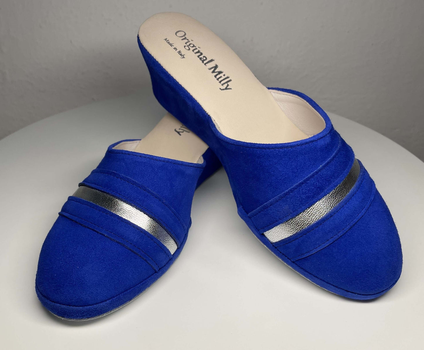 0706 Camoscio Blu Suola Bufalo Ciabatte da camera Donna Original Milly Made in Italy