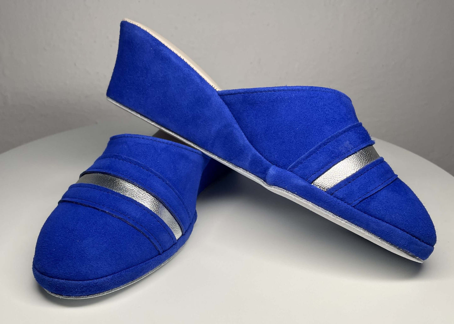 0706 Camoscio Blu Suola Bufalo Ciabatte da camera Donna Original Milly Made in Italy