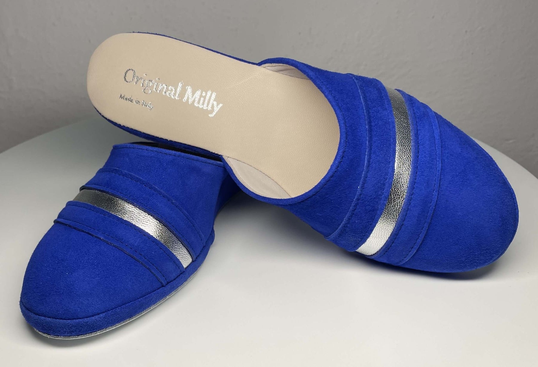 0706 Camoscio Blu Suola Bufalo Ciabatte da camera Donna Original Milly Made in Italy