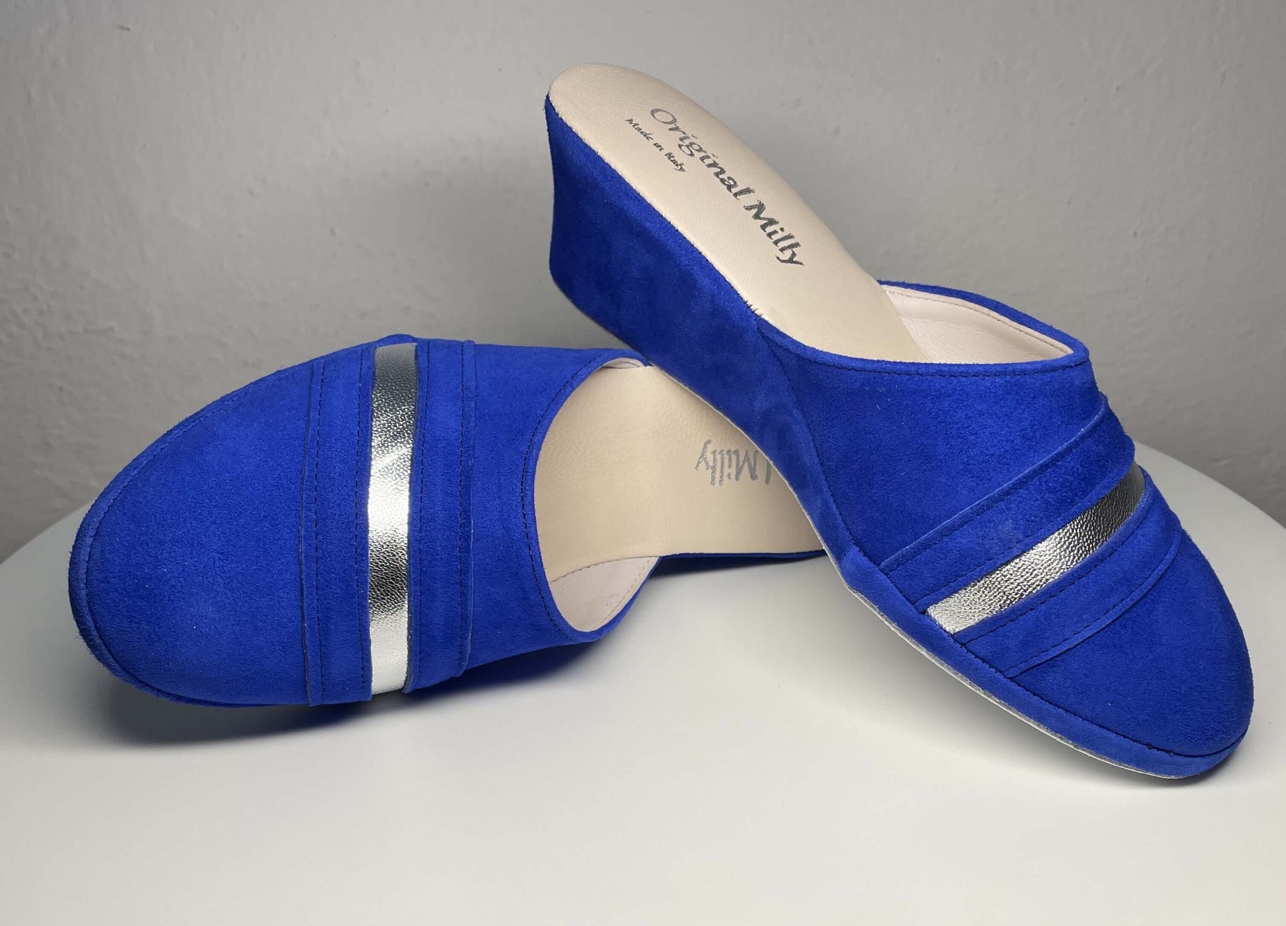 0706 Camoscio Blu Suola Bufalo Ciabatte da camera Donna Original Milly Made in Italy