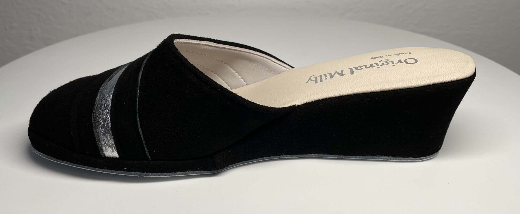 0706 Camoscio Nero Suola Bufalo Ciabatte da camera Donna Original Milly Made in Italy