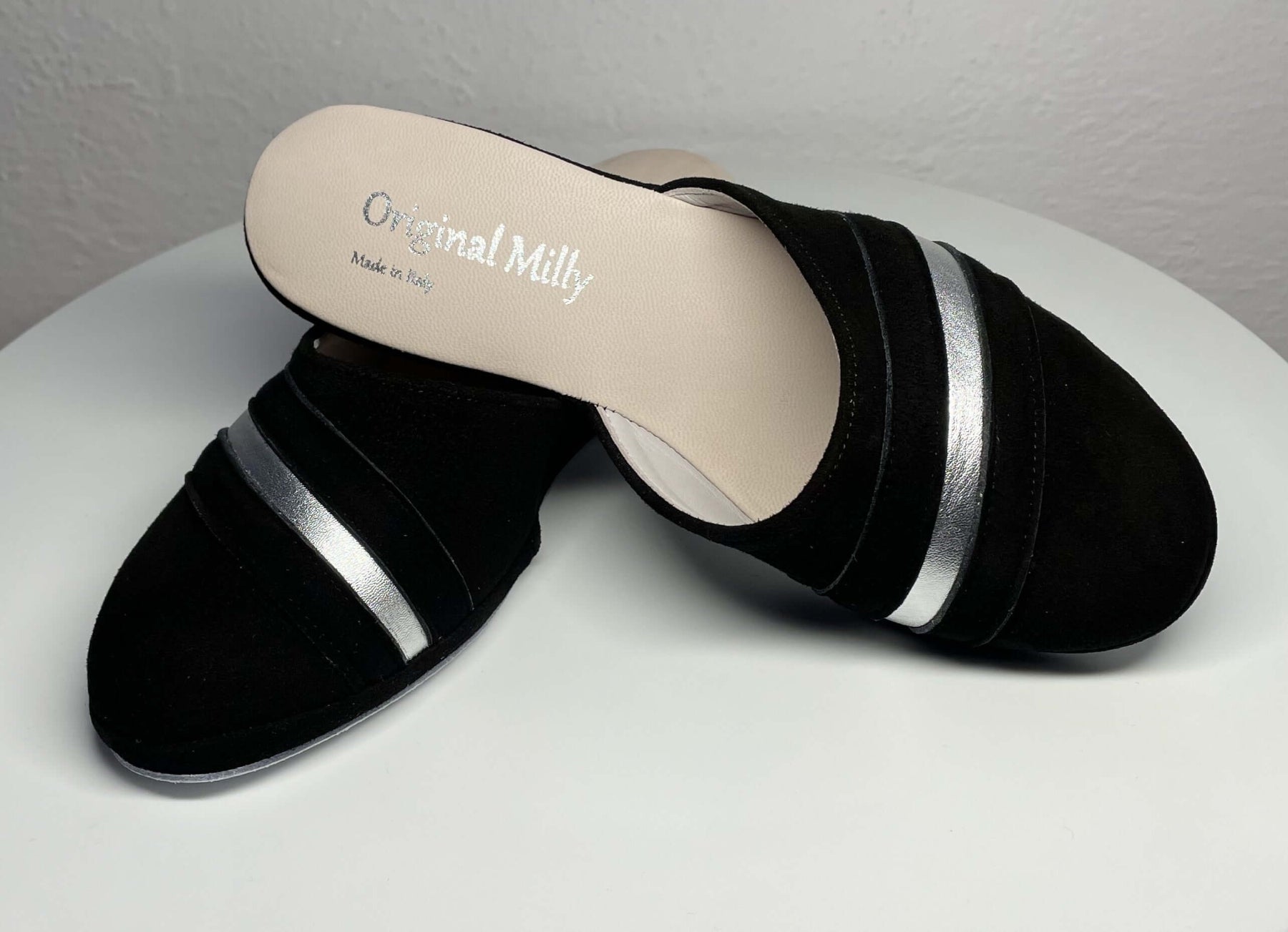 0706 Camoscio Nero Suola Bufalo Ciabatte da camera Donna Original Milly Made in Italy