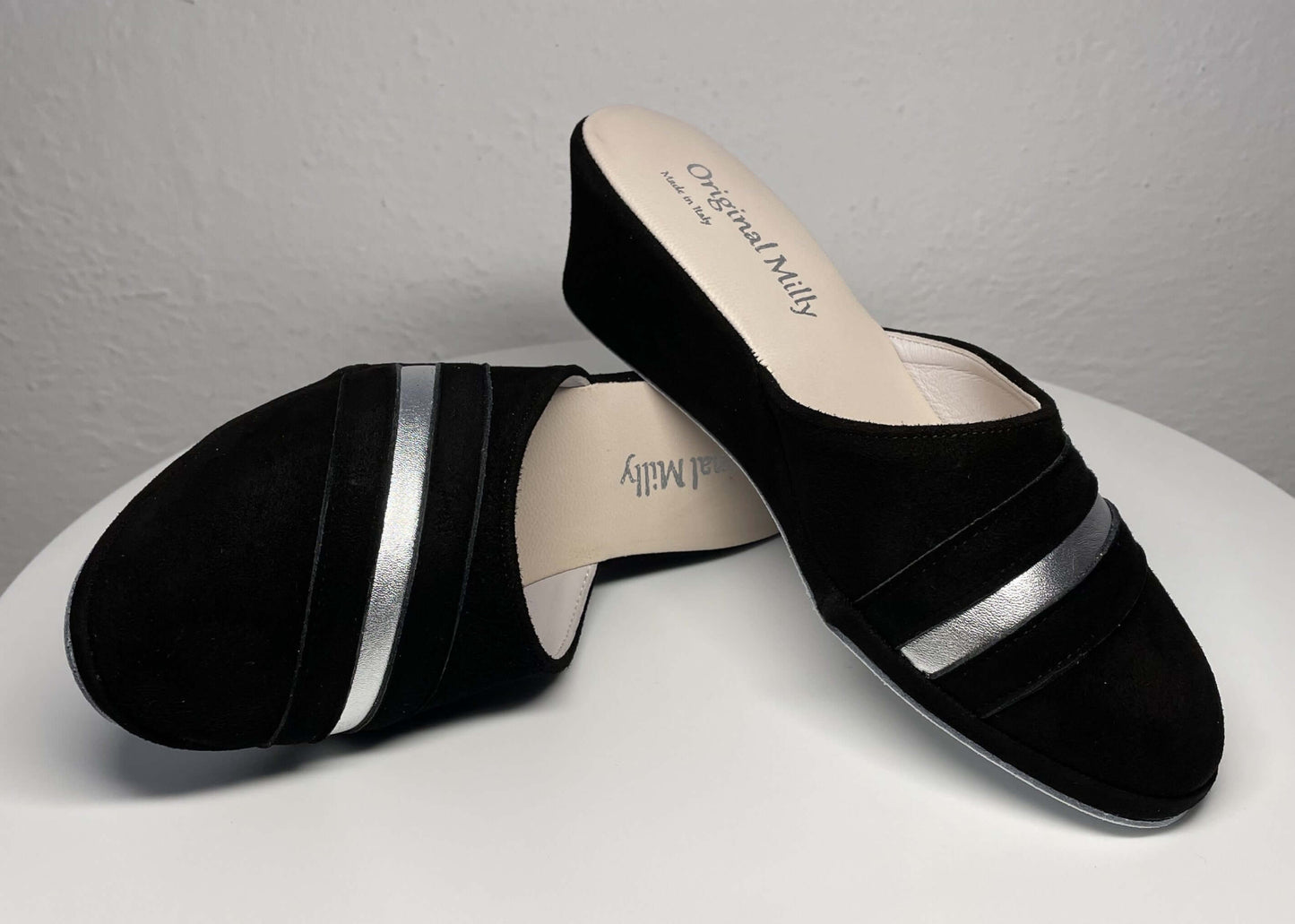 0706 Camoscio Nero Suola Bufalo Ciabatte da camera Donna Original Milly Made in Italy