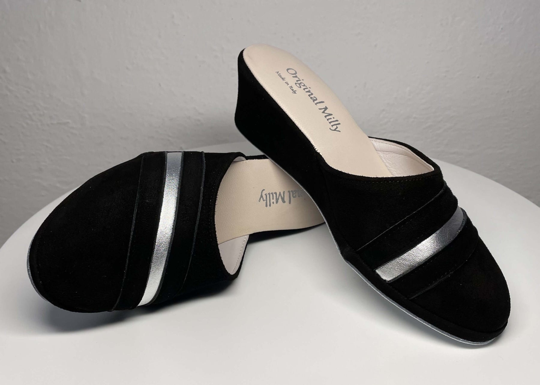 0706 Camoscio Nero Suola Bufalo Ciabatte da camera Donna Original Milly Made in Italy