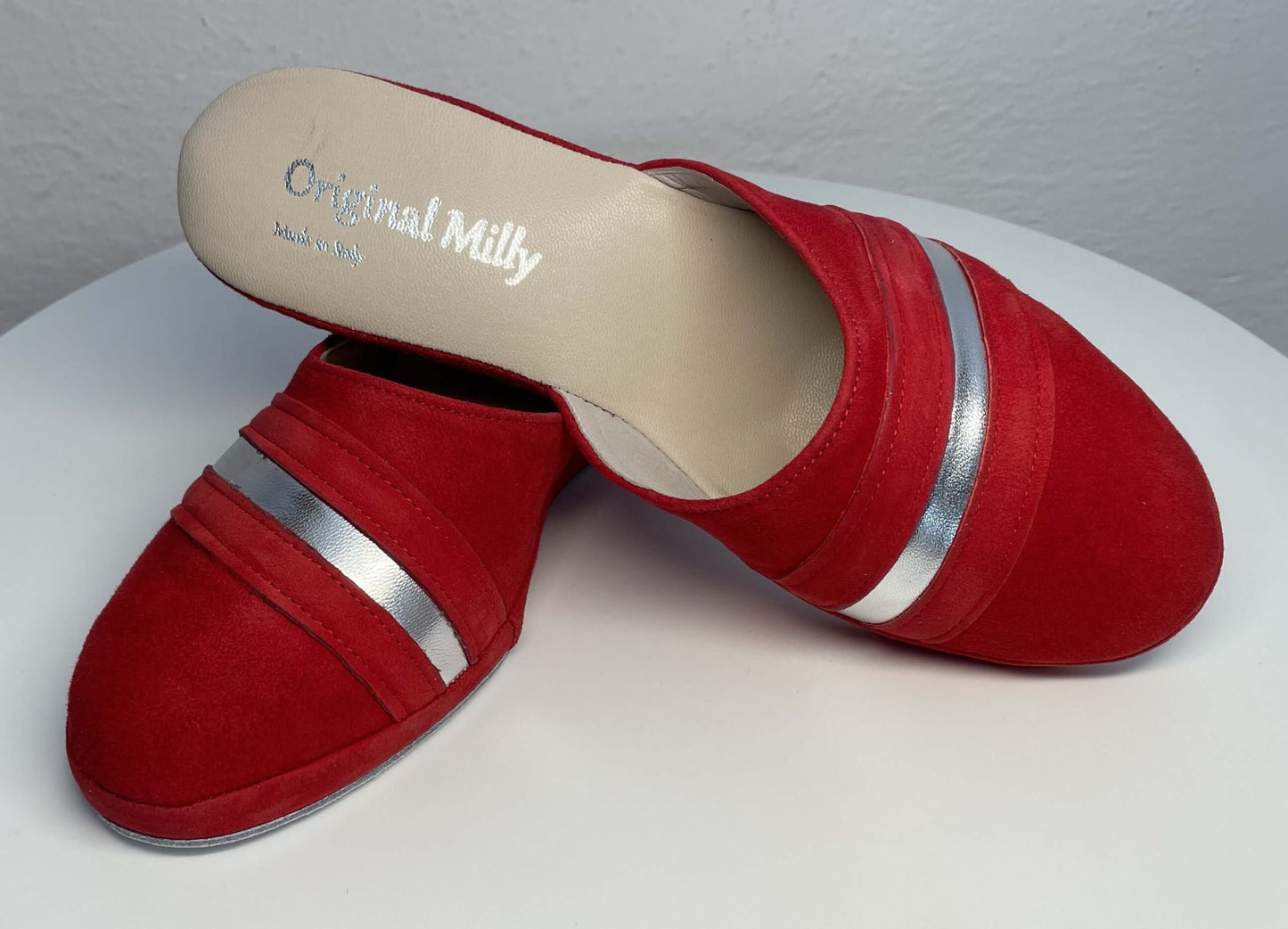 0706 Camoscio Rosso Suola Bufalo Ciabatte da camera Donna Original Milly Made in Italy