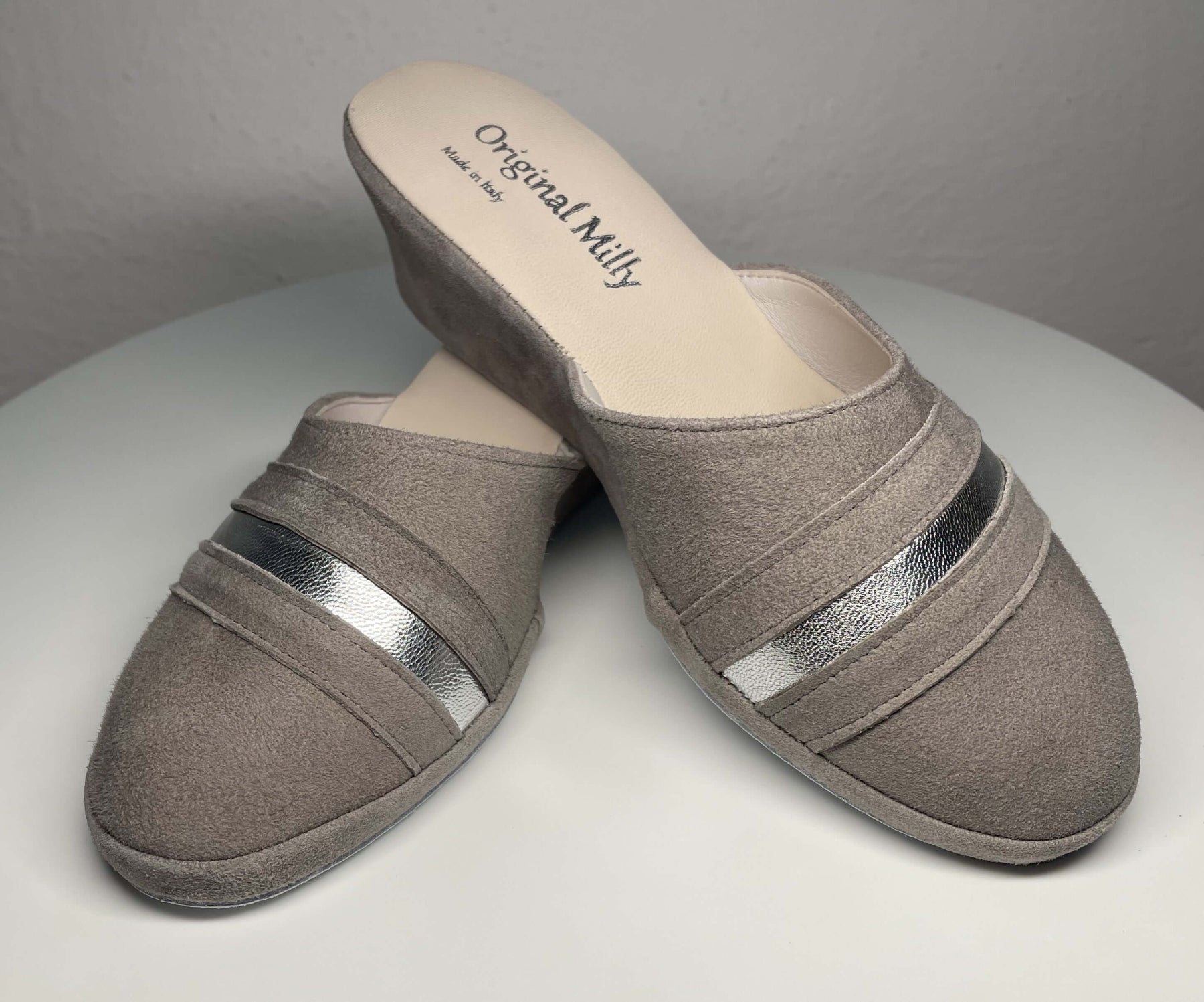 0706 Camoscio Taupe Suola Bufalo Ciabatte da camera Donna Original Milly Made in Italy