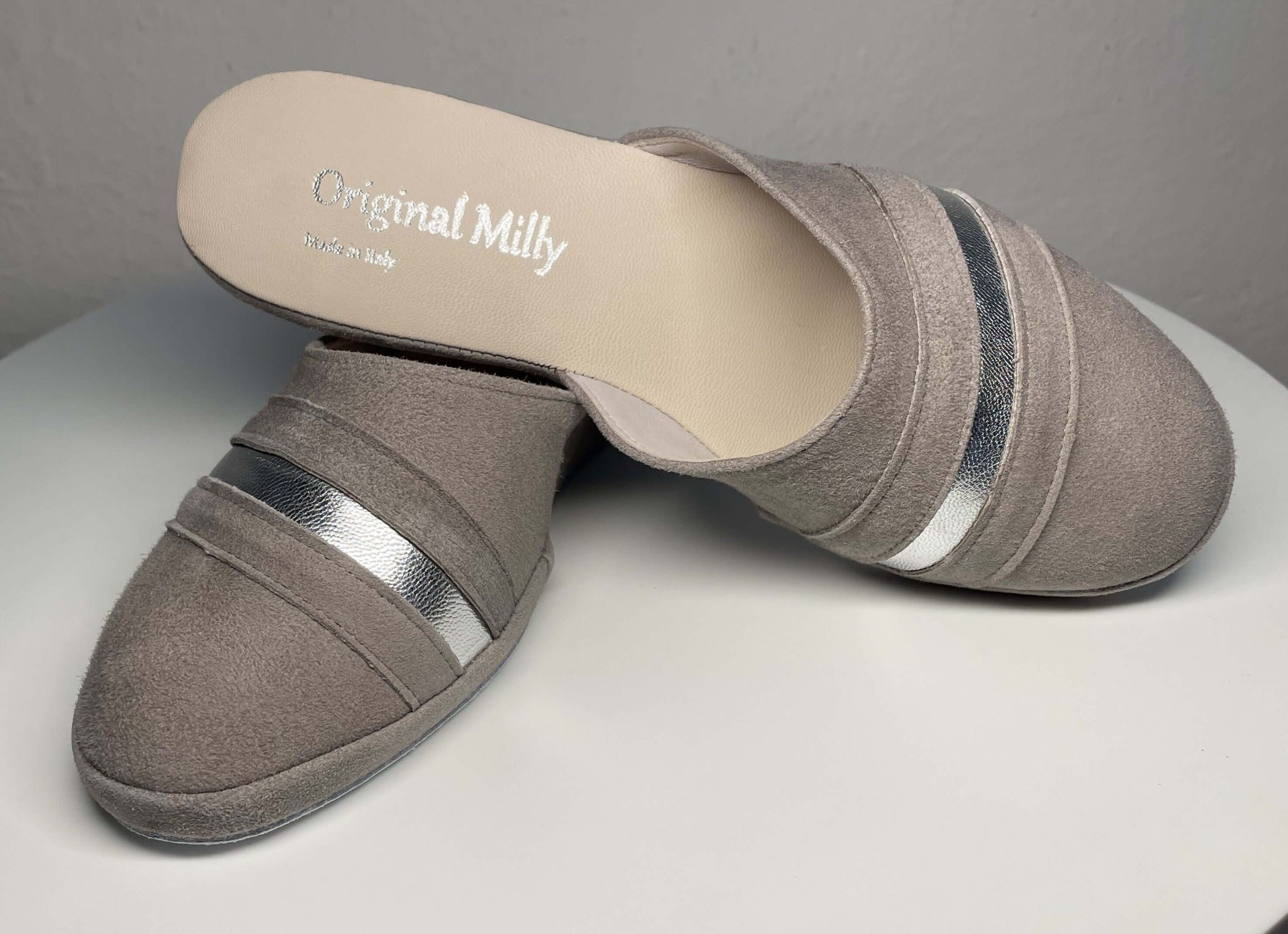 0706 Camoscio Taupe Suola Bufalo Ciabatte da camera Donna Original Milly Made in Italy