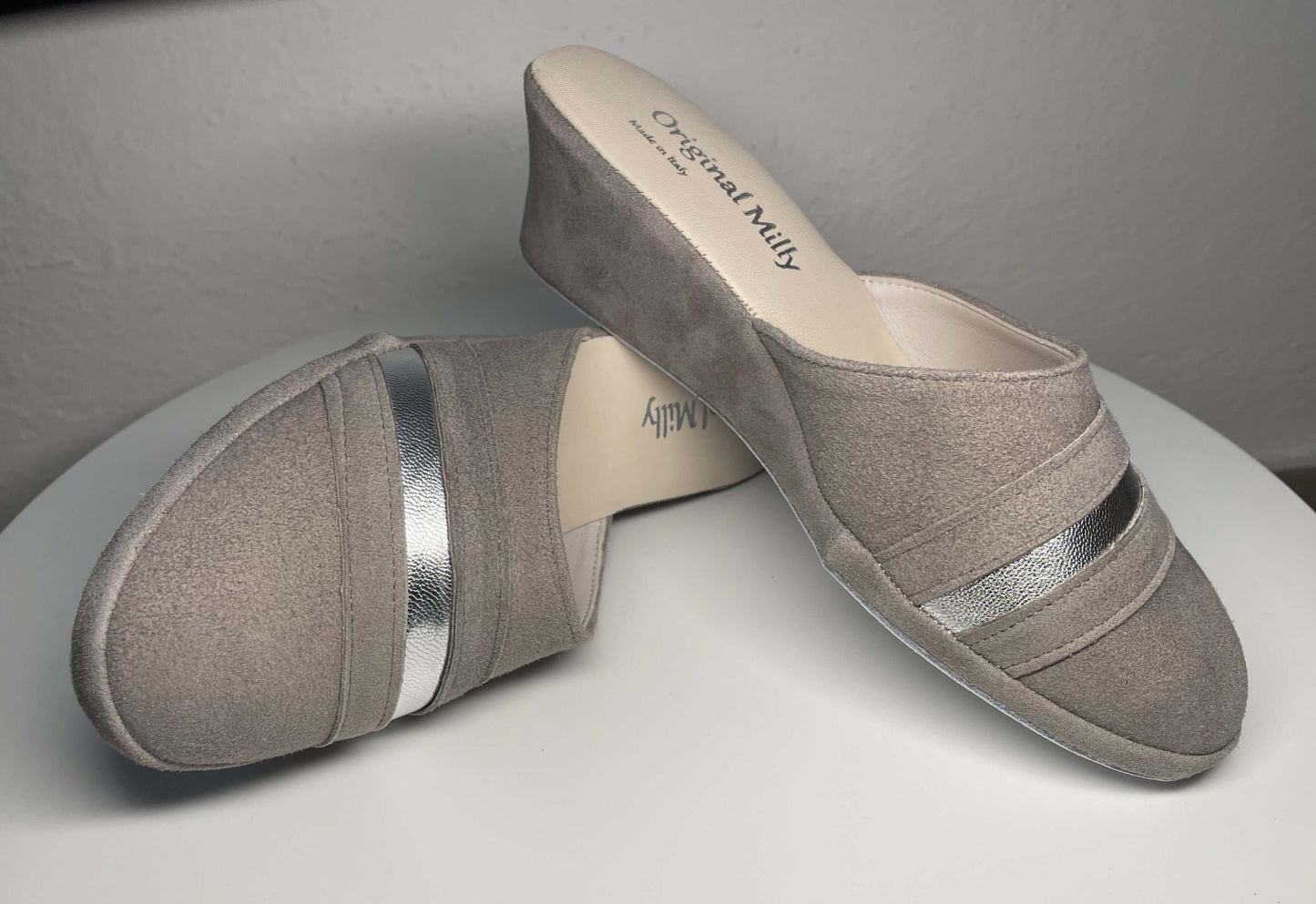 0706 Camoscio Taupe Suola Bufalo Ciabatte da camera Donna Original Milly Made in Italy