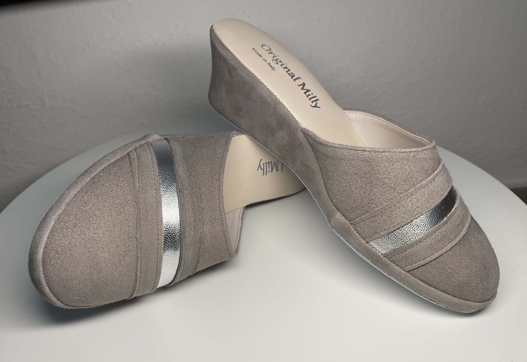 0706 Camoscio Taupe Suola Bufalo Ciabatte da camera Donna Original Milly Made in Italy