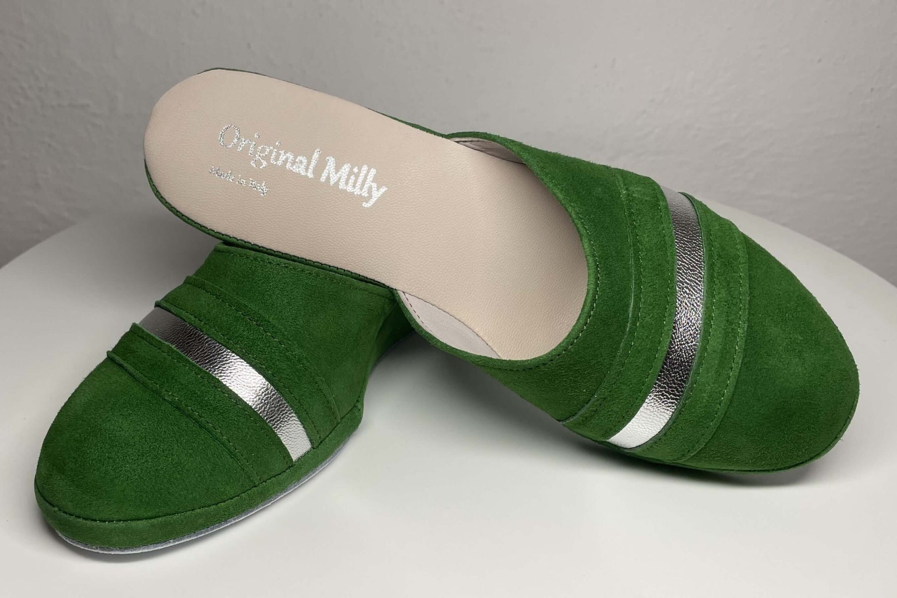 0706 Camoscio Verde Suola Bufalo Ciabatte da camera Donna Original Milly Made in Italy