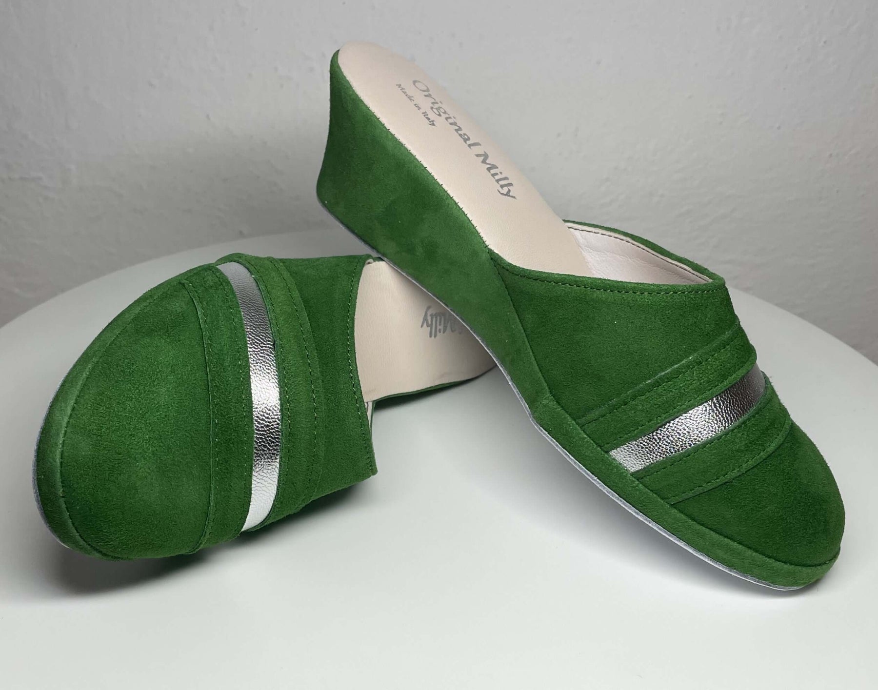 0706 Camoscio Verde Suola Bufalo Ciabatte da camera Donna Original Milly Made in Italy