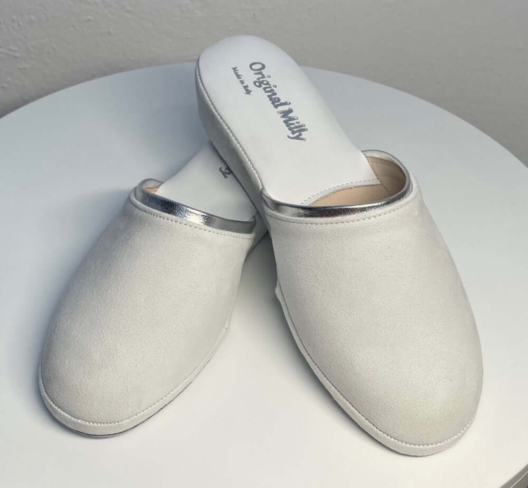 0720 Camoscio Bianco Suola Bufalo Ciabatte da camera Donna Original Milly Made in Italy