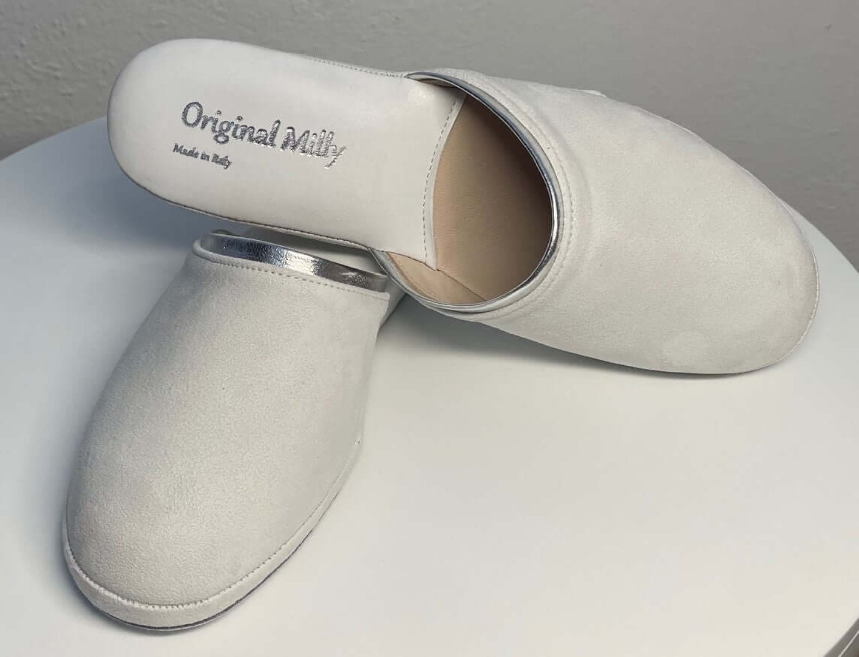 0720 Camoscio Bianco Suola Bufalo Ciabatte da camera Donna Original Milly Made in Italy