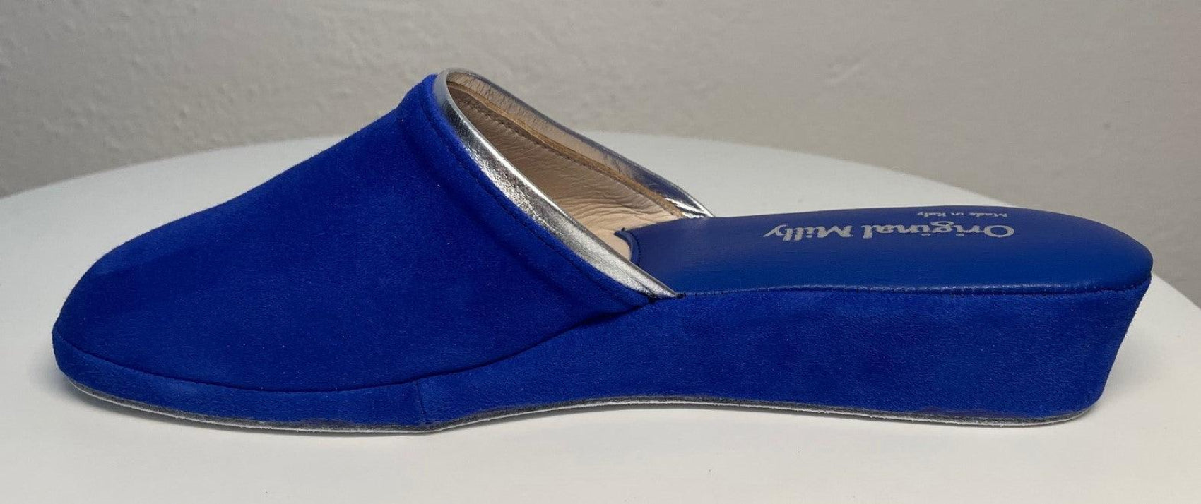 0720 Camoscio Blu Suola Bufalo Ciabatte da camera Donna Original Milly Made in Italy