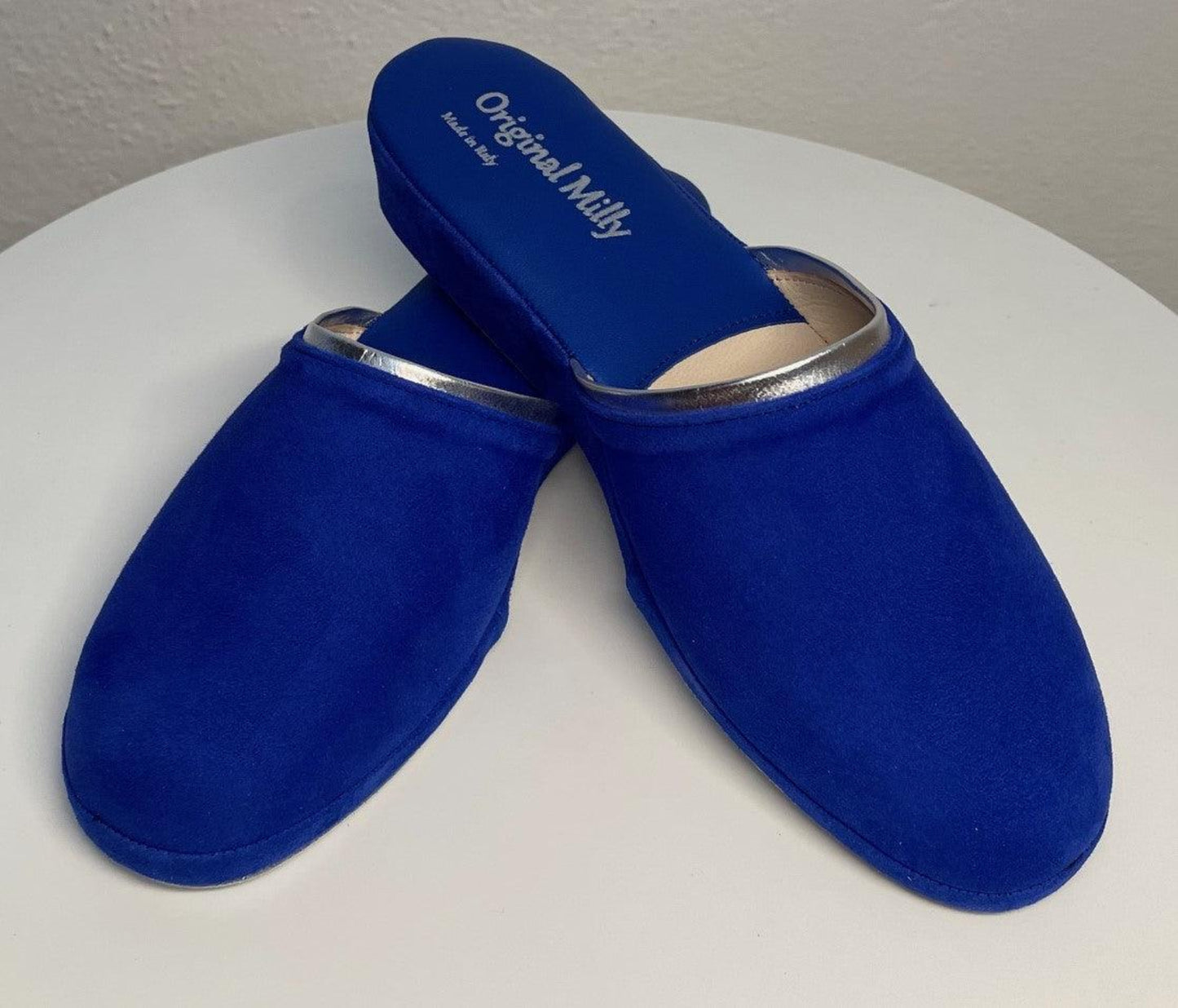 0720 Camoscio Blu Suola Bufalo Ciabatte da camera Donna Original Milly Made in Italy