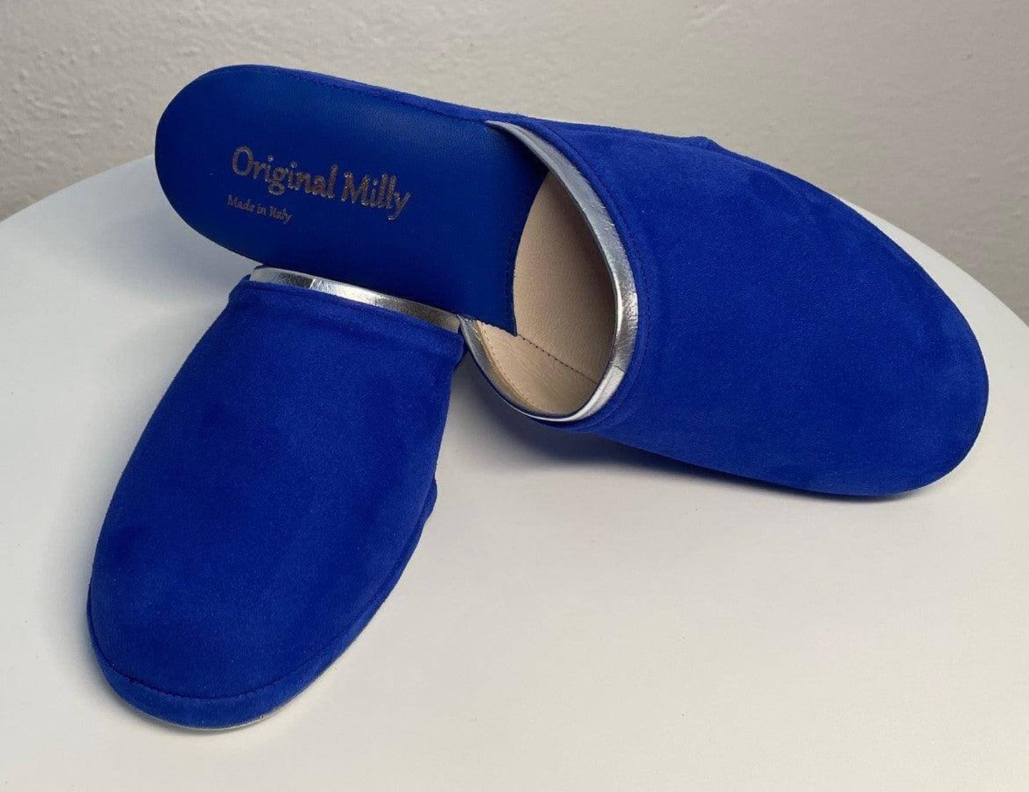 0720 Camoscio Blu Suola Bufalo Ciabatte da camera Donna Original Milly Made in Italy