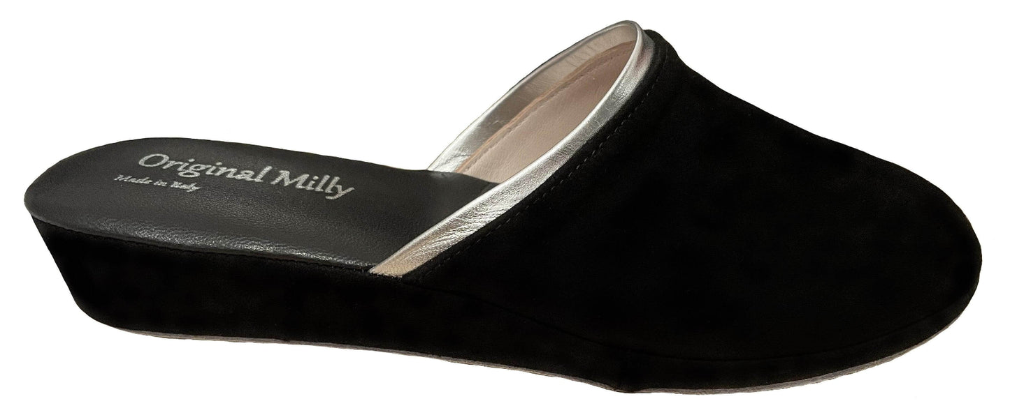0720 Camoscio Nero Suola Bufalo Ciabatte da camera Donna Original Milly Made in Italy