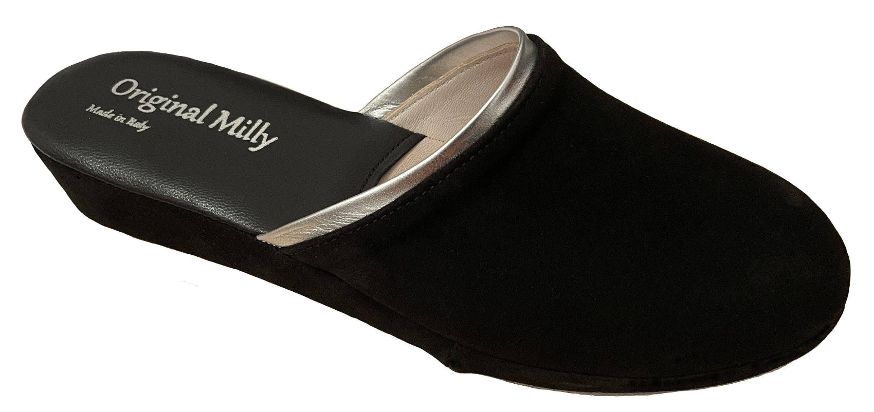 0720 Camoscio Nero Suola Bufalo Ciabatte da camera Donna Original Milly Made in Italy