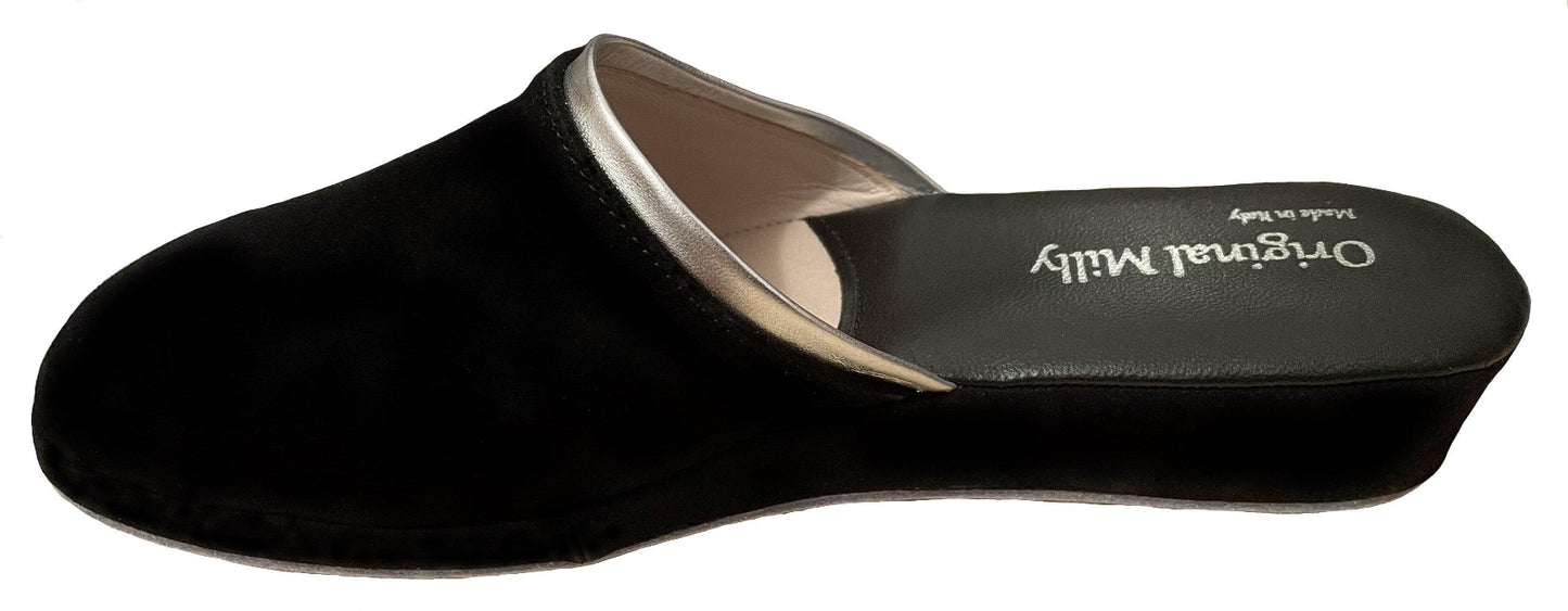 0720 Camoscio Nero Suola Bufalo Ciabatte da camera Donna Original Milly Made in Italy