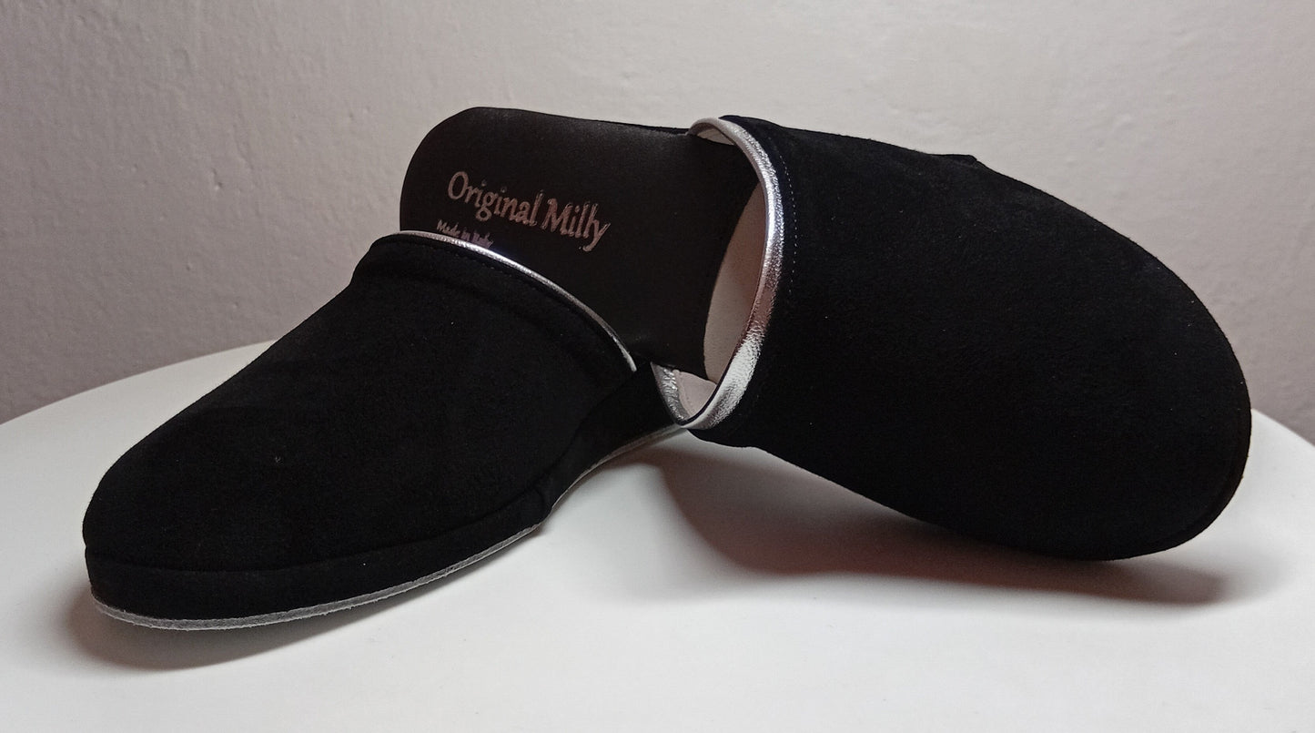 0720 Camoscio Nero Suola Bufalo Ciabatte da camera Donna Original Milly Made in Italy - Foto N 6