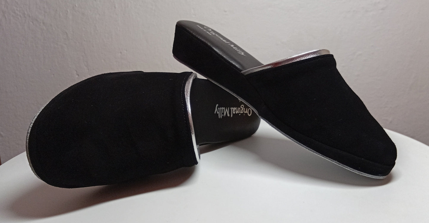 0720 Camoscio Nero Suola Bufalo Ciabatte da camera Donna Original Milly Made in Italy - Foto N 7