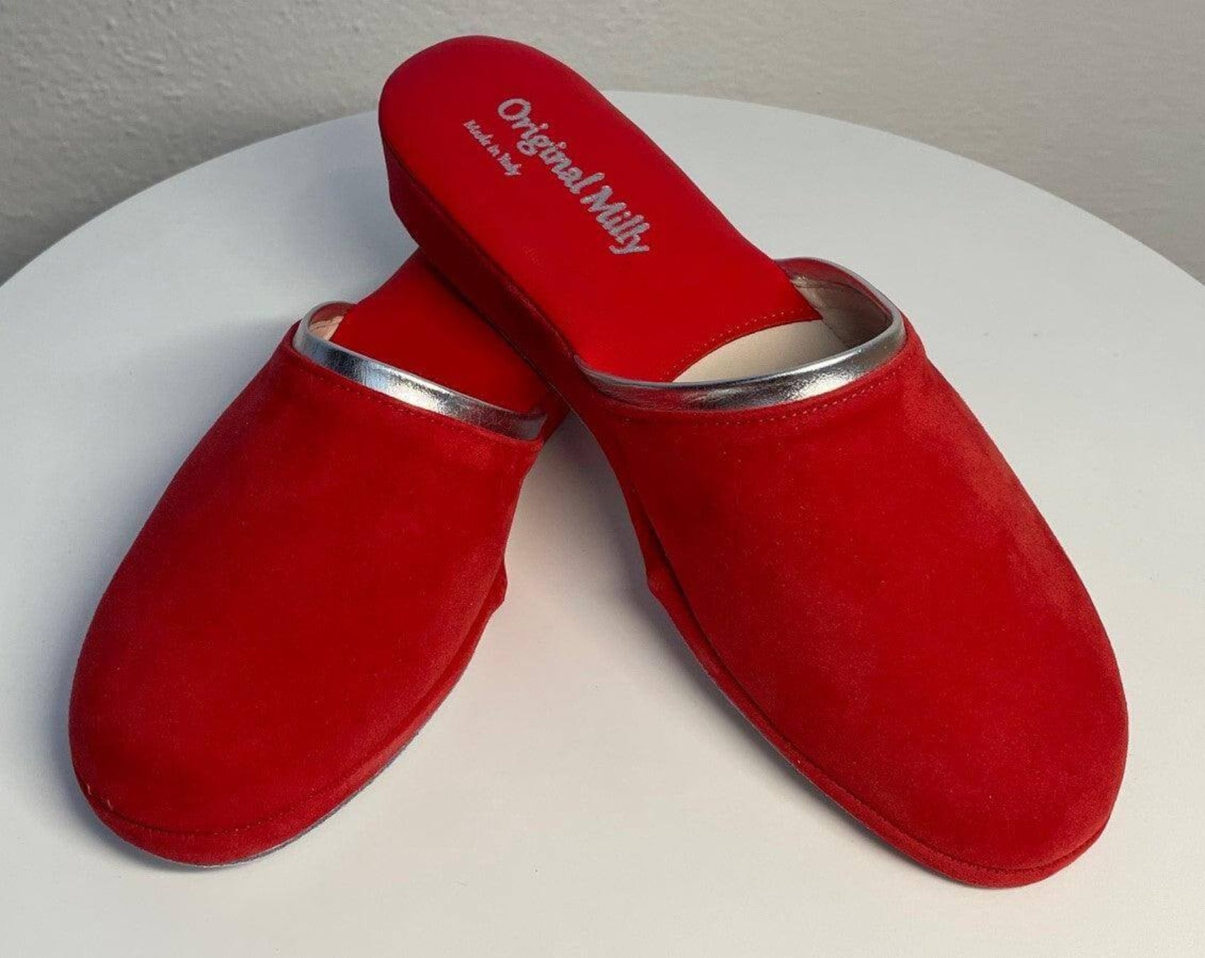 0720 Camoscio Rosso Suola Bufalo Ciabatte da camera Donna Original Milly Made in Italy