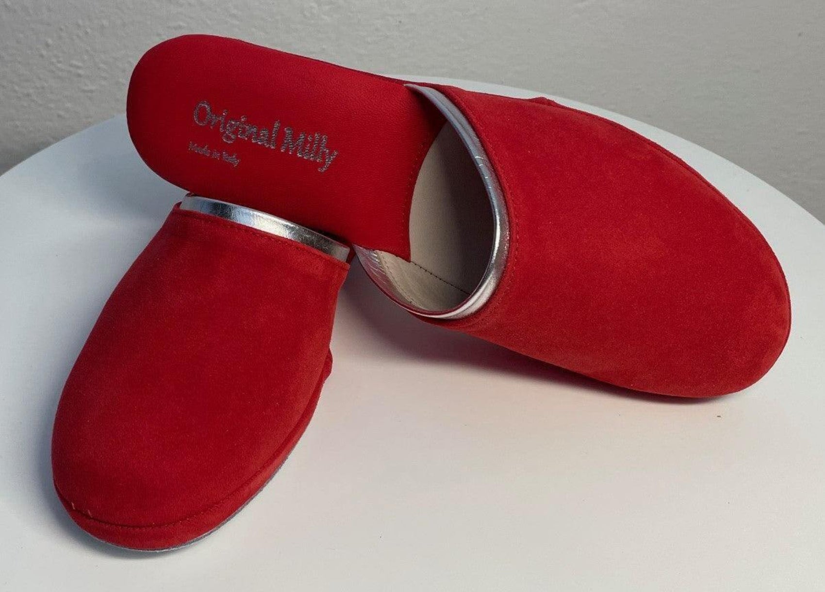 0720 Camoscio Rosso Suola Bufalo Ciabatte da camera Donna Original Milly Made in Italy
