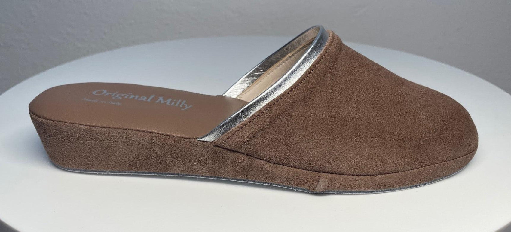 0720 Camoscio Taupe Suola Bufalo Ciabatte da camera Donna Original Milly Made in Italy