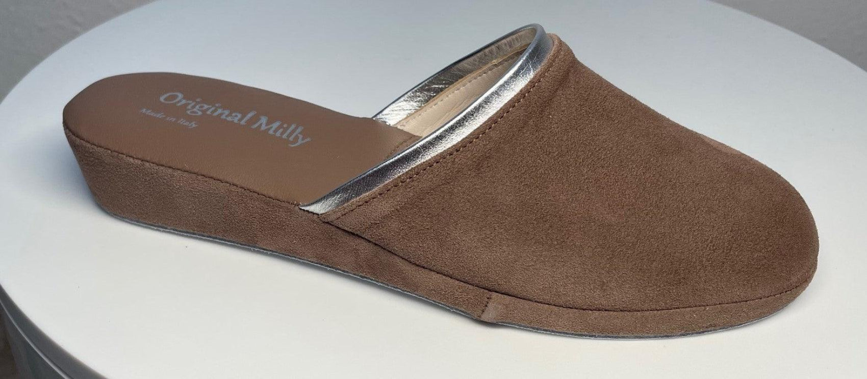 0720 Camoscio Taupe Suola Bufalo Ciabatte da camera Donna Original Milly Made in Italy