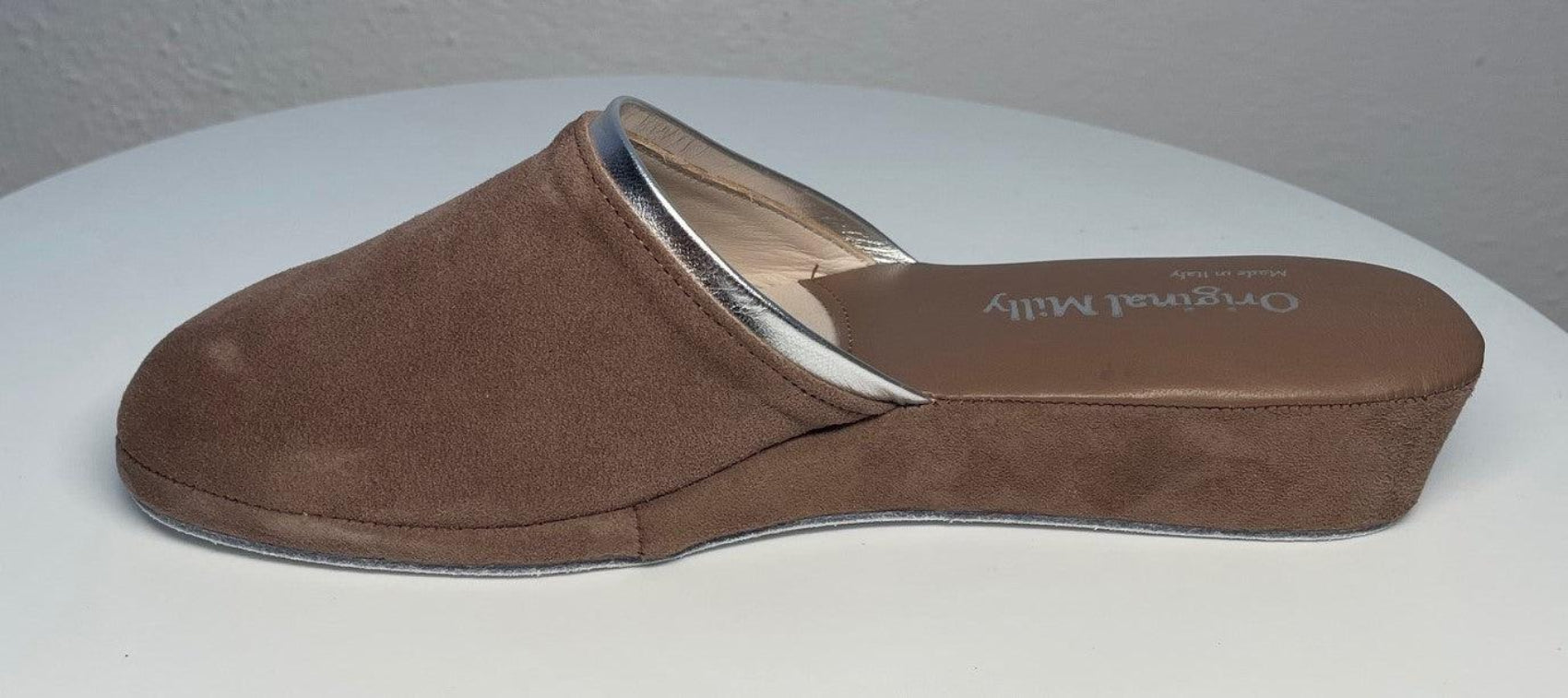 0720 Camoscio Taupe Suola Bufalo Ciabatte da camera Donna Original Milly Made in Italy