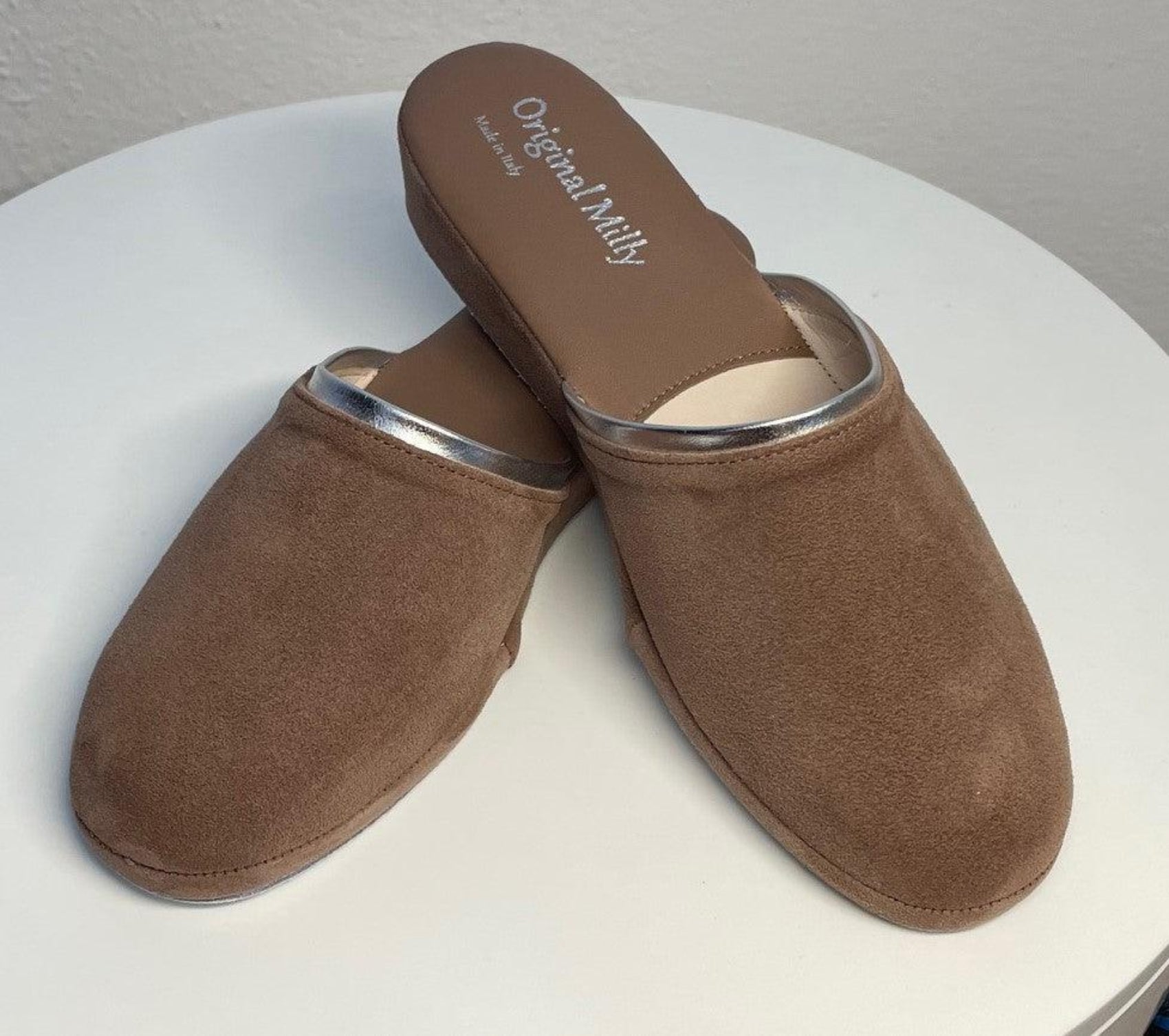 0720 Camoscio Taupe Suola Bufalo Ciabatte da camera Donna Original Milly Made in Italy