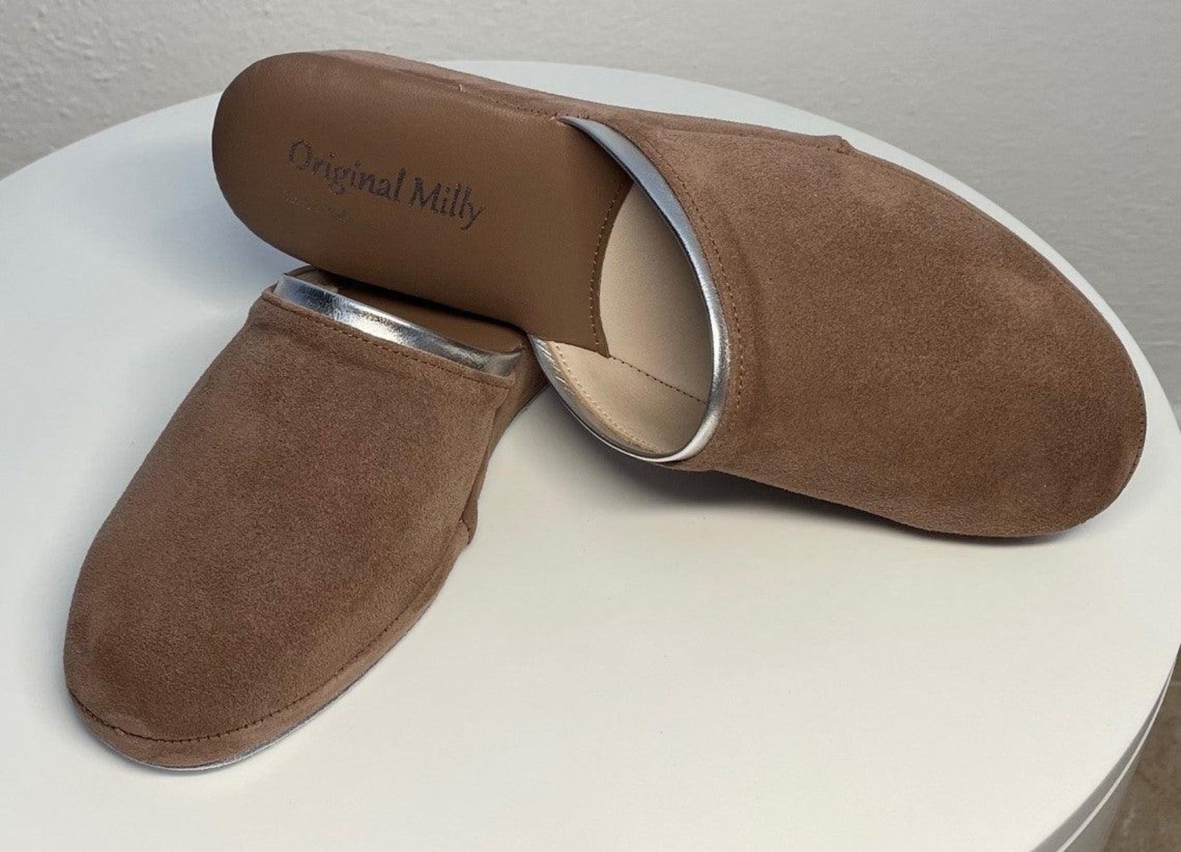 0720 Camoscio Taupe Suola Bufalo Ciabatte da camera Donna Original Milly Made in Italy