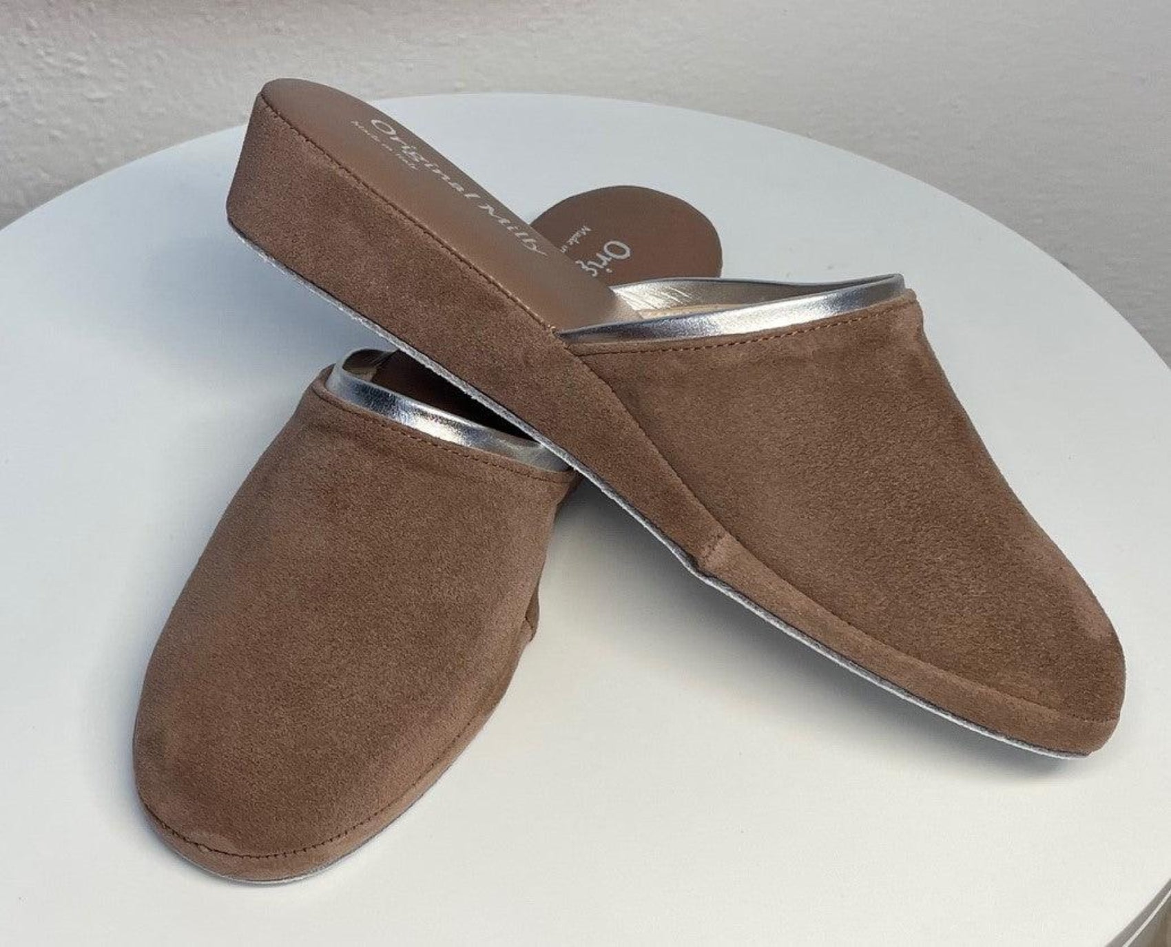 0720 Camoscio Taupe Suola Bufalo Ciabatte da camera Donna Original Milly Made in Italy