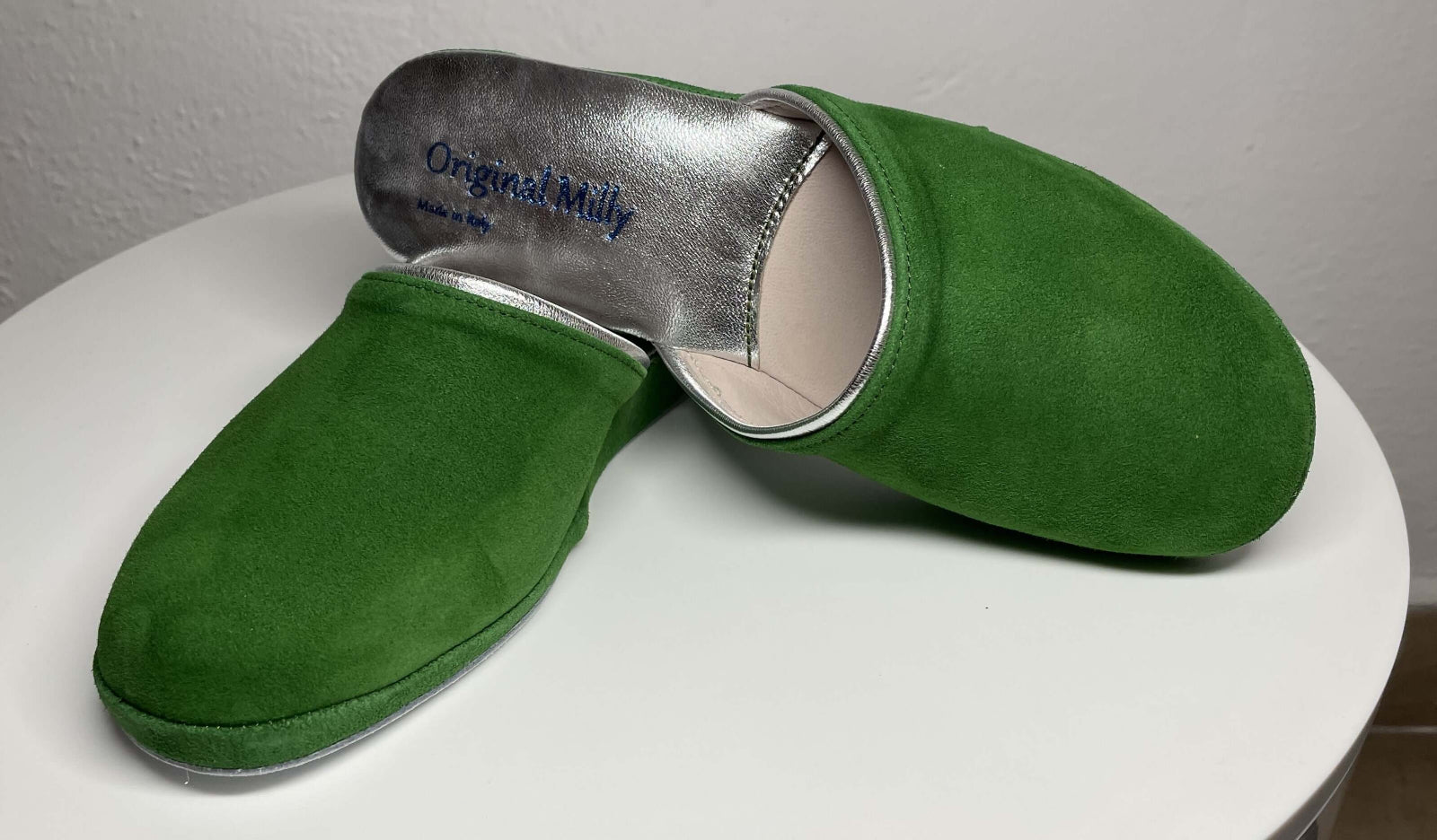 0720 Camoscio Verde Suola Bufalo Ciabatte da camera Donna Original Milly Made in Italy
