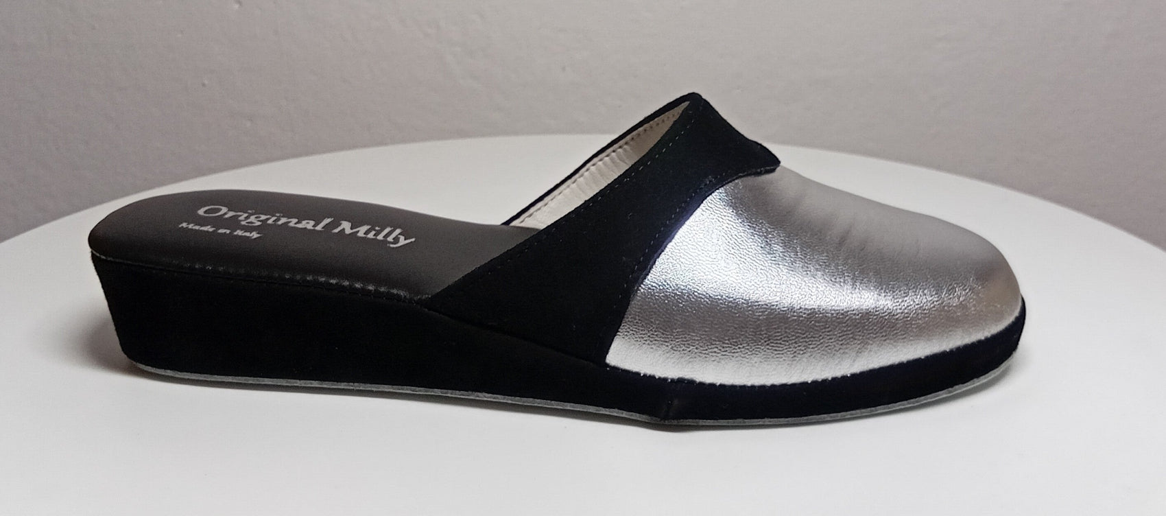 0721 Nappa e Camoscio Nero Argento Ciabatte da camera Donna artigianale Original Milly Made in Italy - Foto N 1