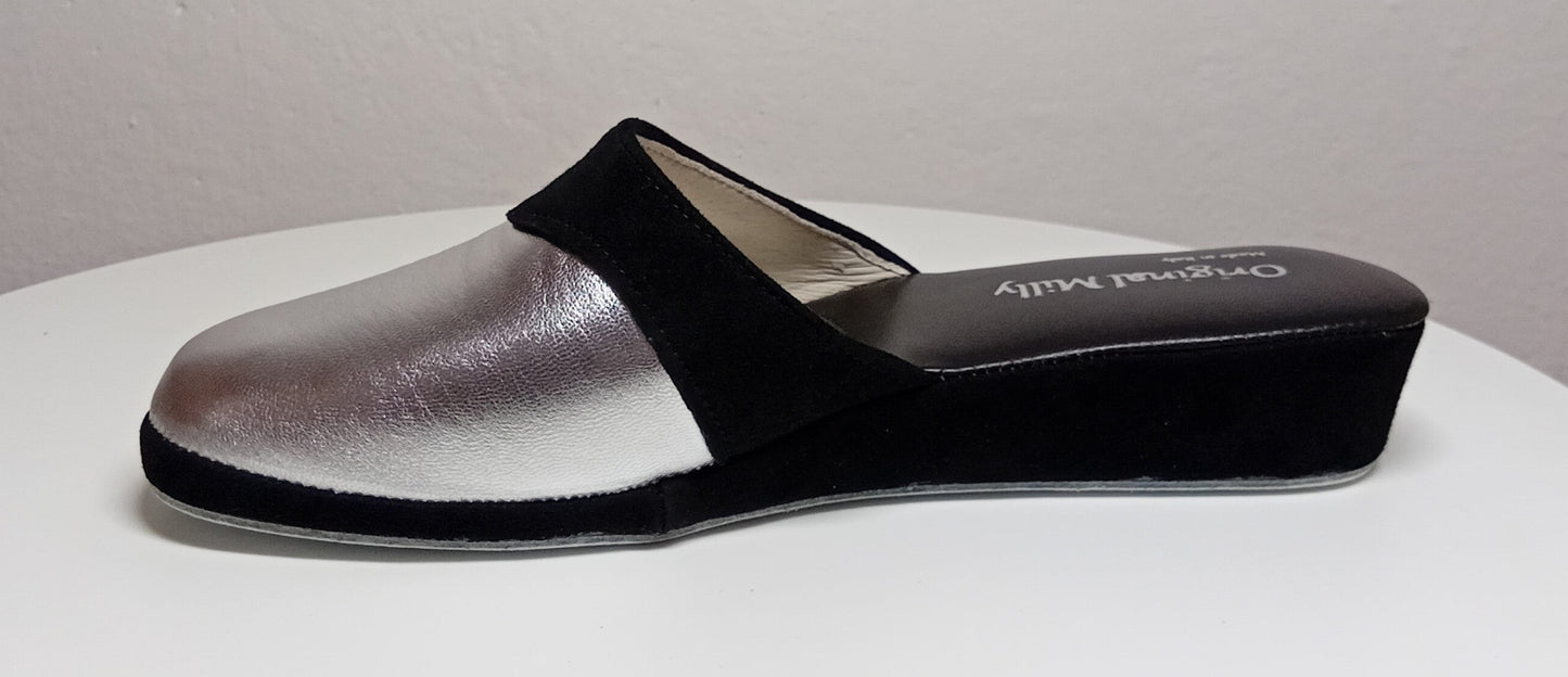 0721 Nappa e Camoscio Nero Argento Ciabatte da camera Donna artigianale Original Milly Made in Italy - Foto N 3