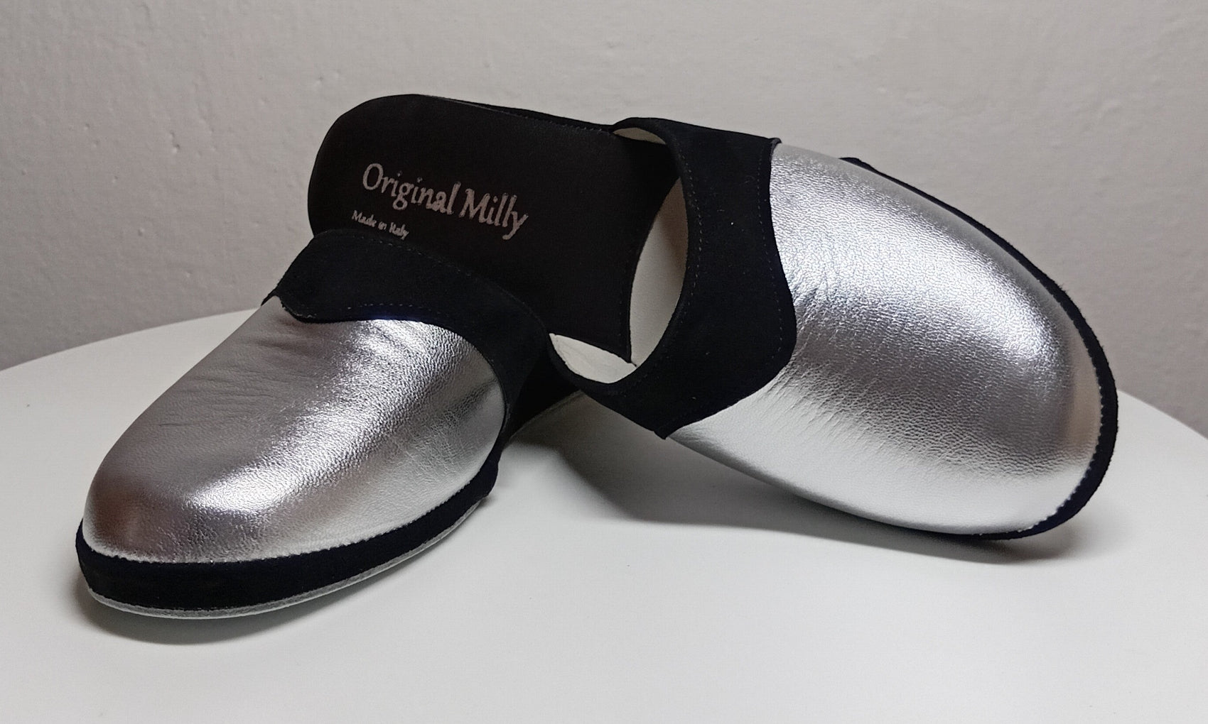 0721 Nappa e Camoscio Nero Argento Ciabatte da camera Donna artigianale Original Milly Made in Italy - Foto N 6
