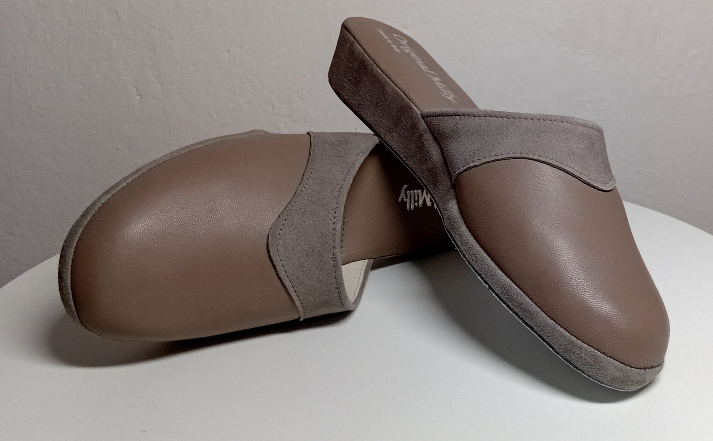 0721 Nappa e Camoscio Taupe Ciabatte da camera Donna artigianale Original Milly Made in Italy - Foto N 7