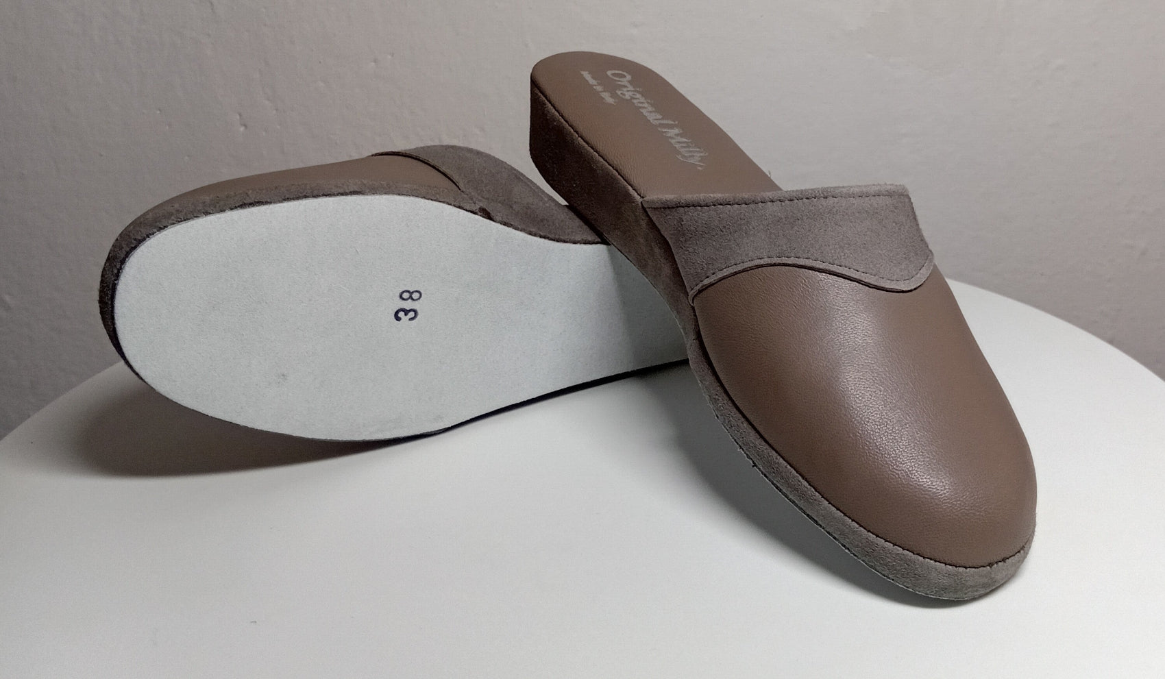 0721 Nappa e Camoscio Taupe Ciabatte da camera Donna artigianale Original Milly Made in Italy - Foto N 8