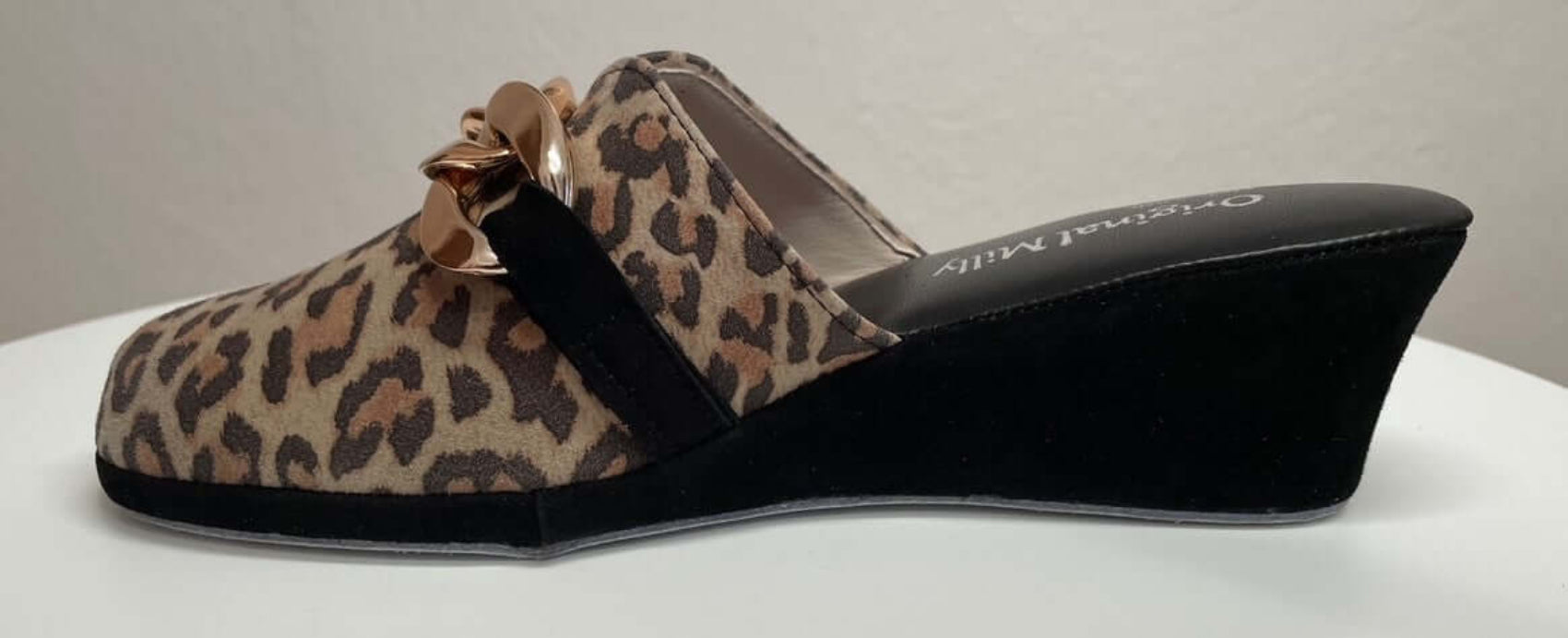 1001 Camoscio Leopardo con catena in Oro suola Bufalo Ciabatte da camera Donna Original Milly Made in Italy