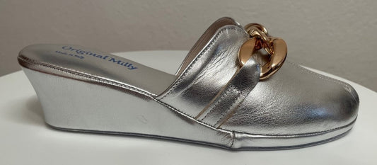 1001 Nappa Argento con catena in Oro suola Bufalo Ciabatte da camera Donna Original Milly Made in Italy