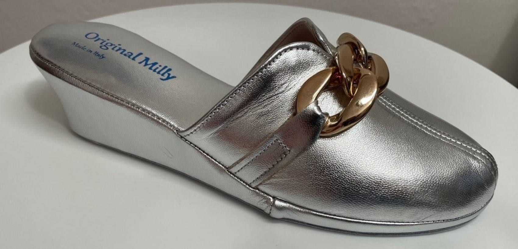 1001 Nappa Argento con catena in Oro suola Bufalo Ciabatte da camera Donna Original Milly Made in Italy