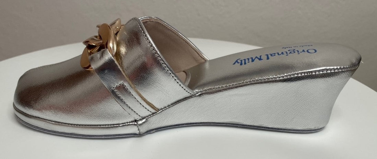 1001 Nappa Argento con catena in Oro suola Bufalo Ciabatte da camera Donna Original Milly Made in Italy