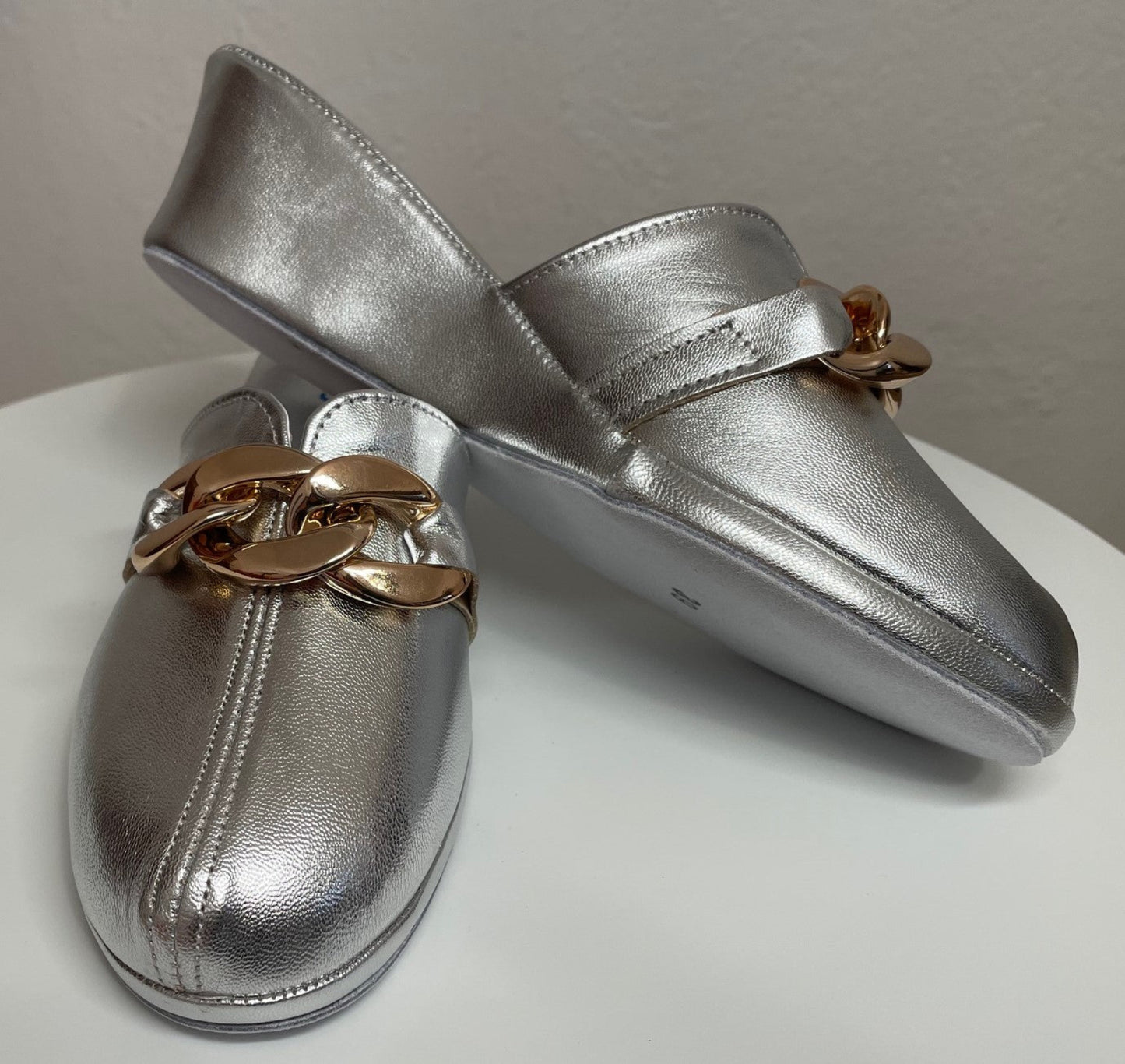 1001 Nappa Argento con catena in Oro suola Bufalo Ciabatte da camera Donna Original Milly Made in Italy