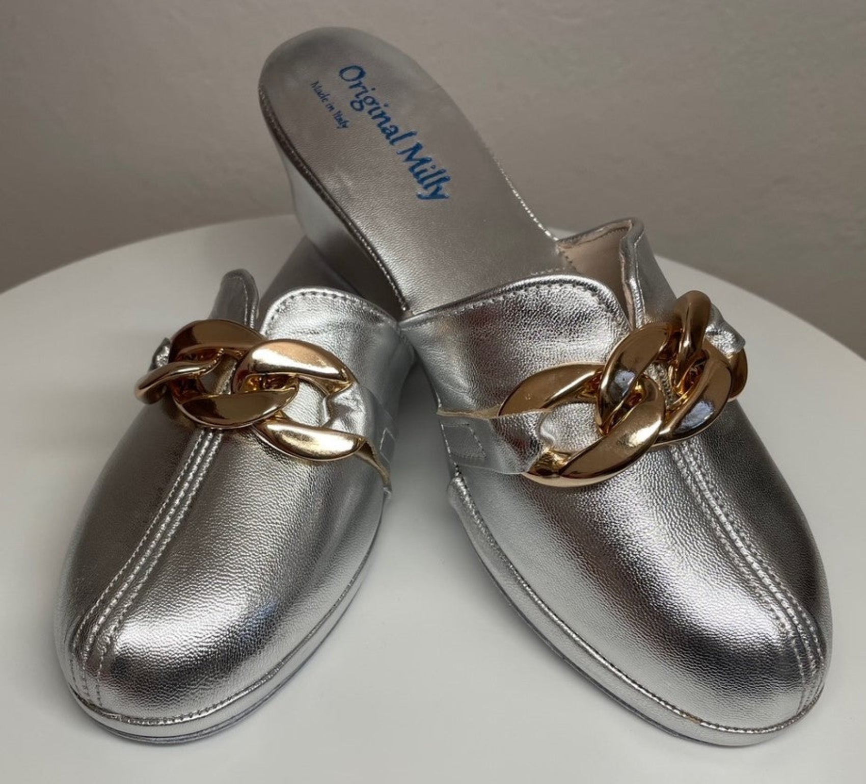 1001 Nappa Argento con catena in Oro suola Bufalo Ciabatte da camera Donna Original Milly Made in Italy