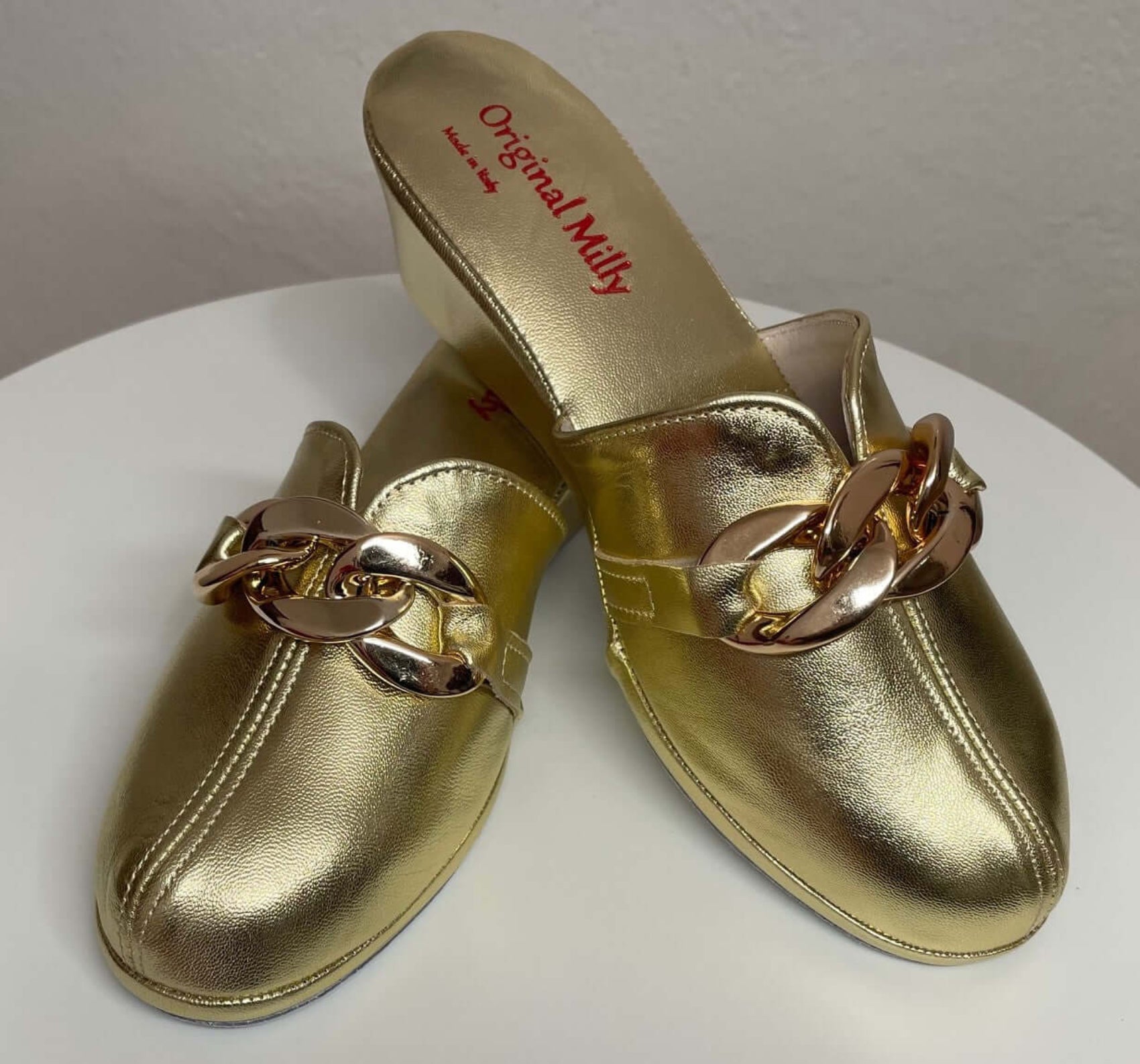 1001 Nappa Oro con catena in Oro suola Bufalo Ciabatte da camera Donna Original Milly Made in Italy