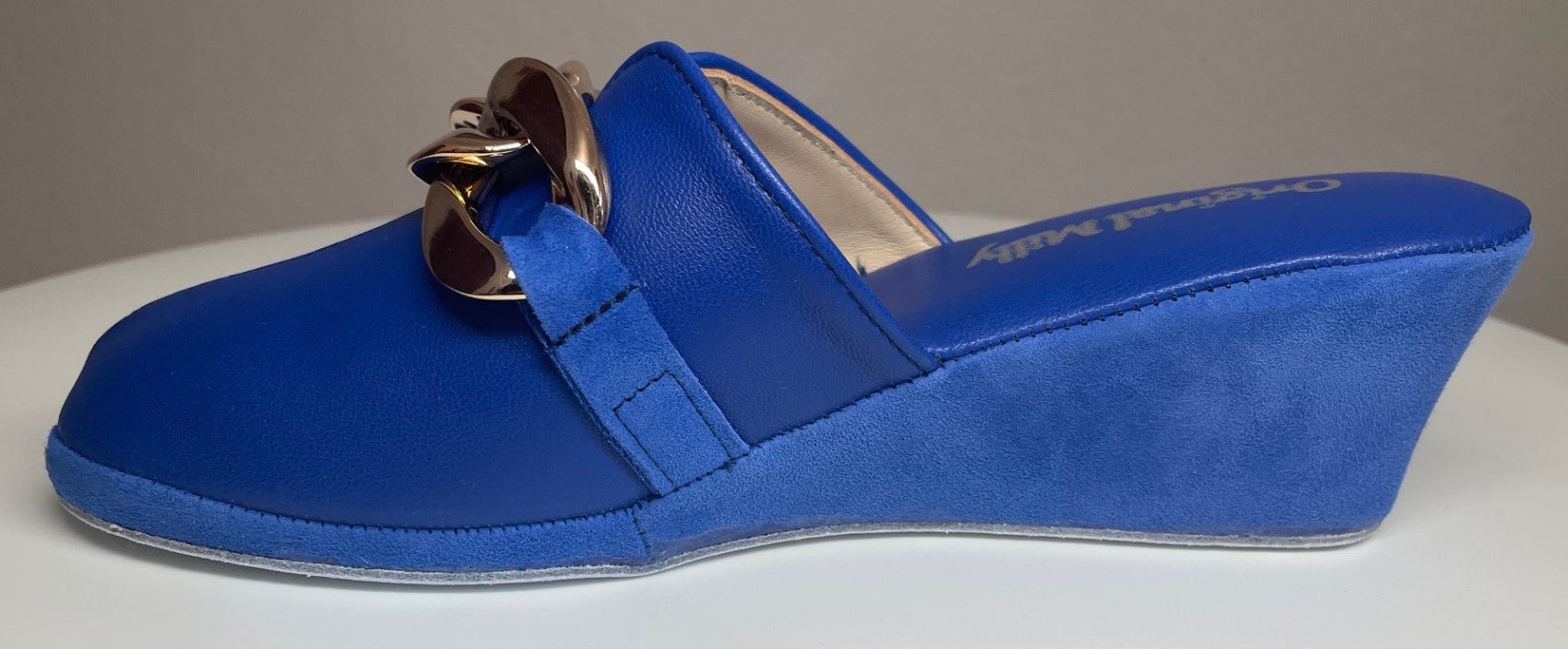 1001 Nappa e Camoscio Blu con catena in Oro suola Bufalo Ciabatte da camera Donna Original Milly Made in Italy