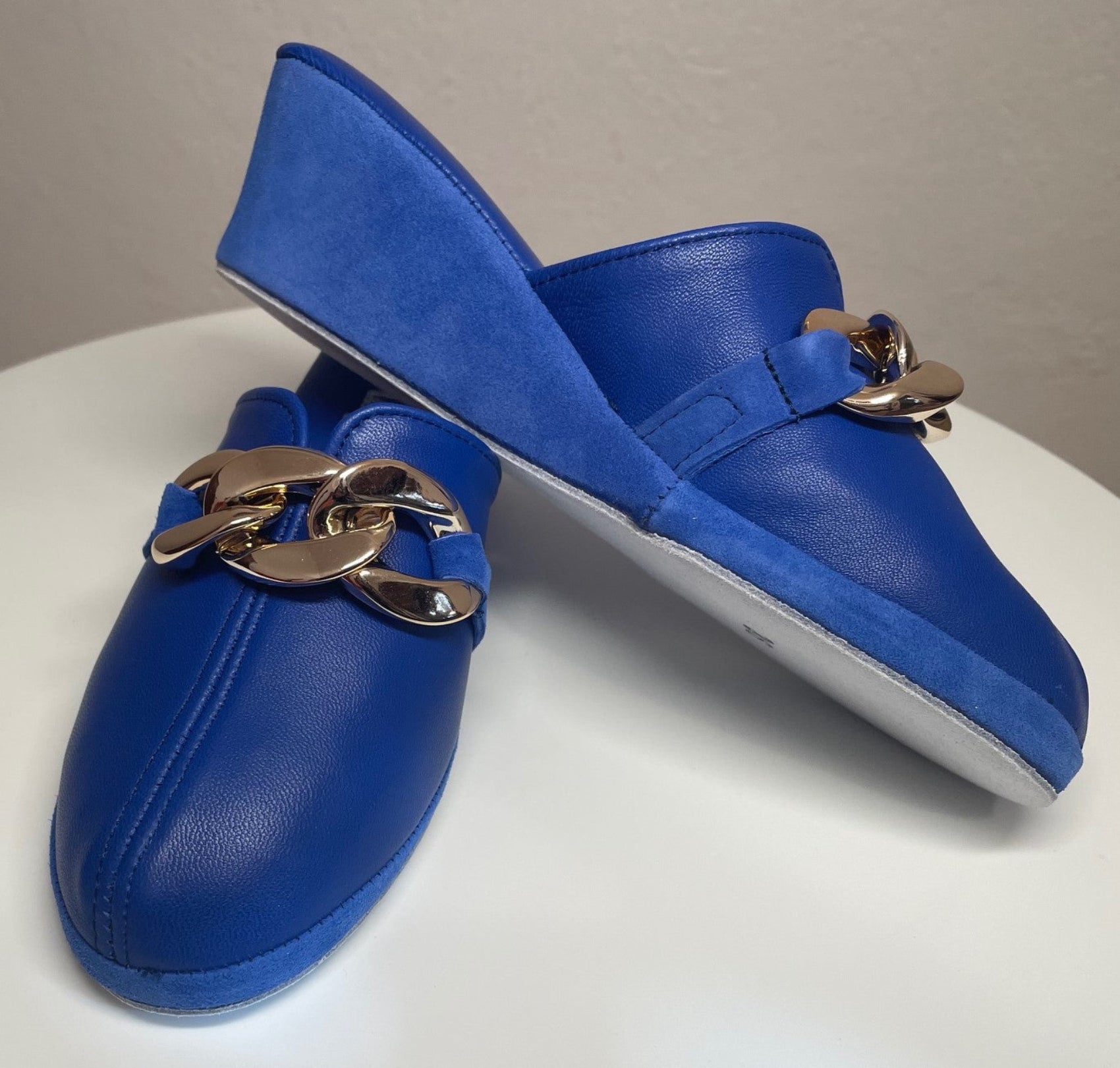 1001 Nappa e Camoscio Blu con catena in Oro suola Bufalo Ciabatte da camera Donna Original Milly Made in Italy
